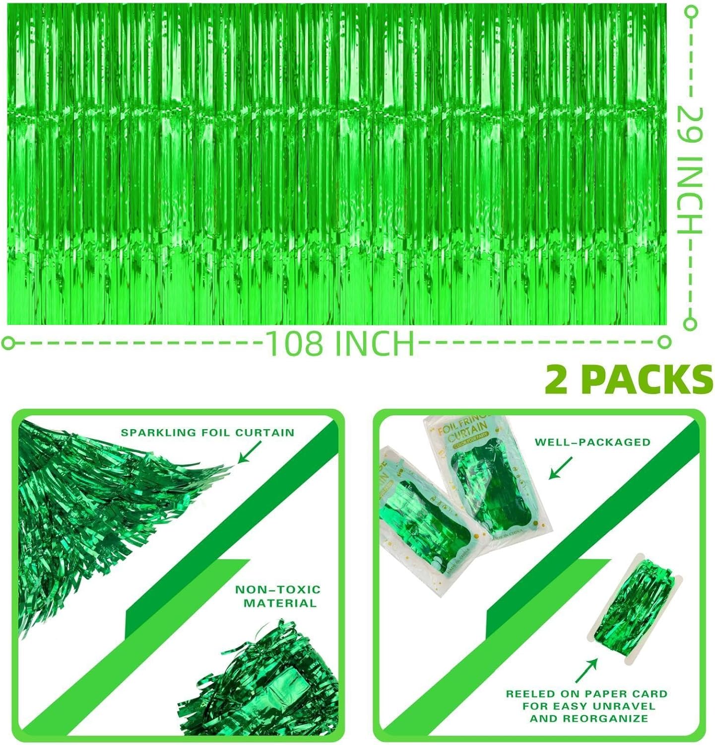 Green Streamers Party Decorations, 2 Packs Green Table Skirts Metallic Foil Fringe Tinsel for Birthday Dinosaur Animal St Patrick's Day Football Mardi Gras Graduation Party Supplies -29x108Inch
