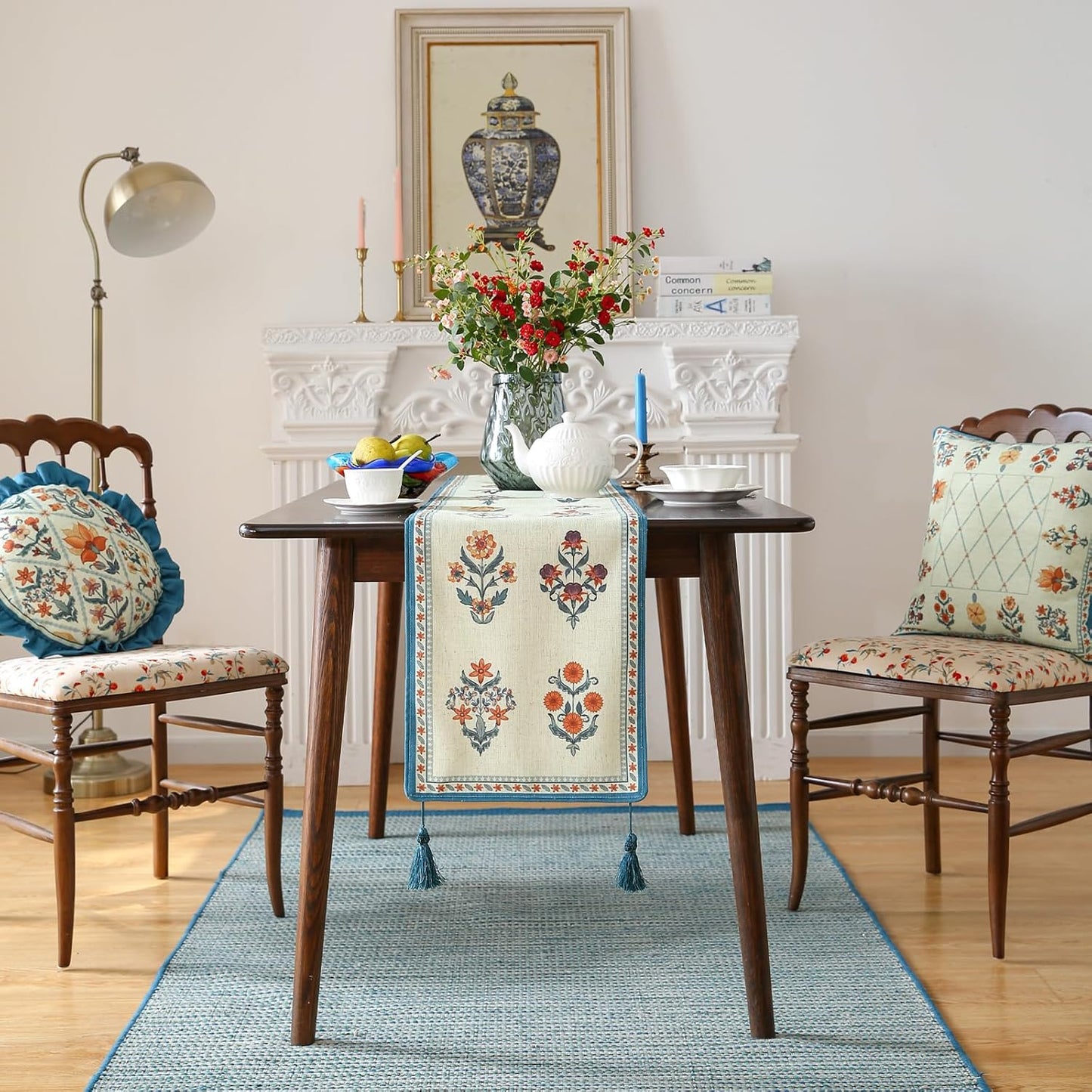 ISAENNE Designer Light Green Linen Table Runner 87 Inches Long,French Floral Patterns Elegant Table Runner for Dining Tables,Thanksgiving,Kitchen Tables,Christmas,12"*87"-Floralsea B