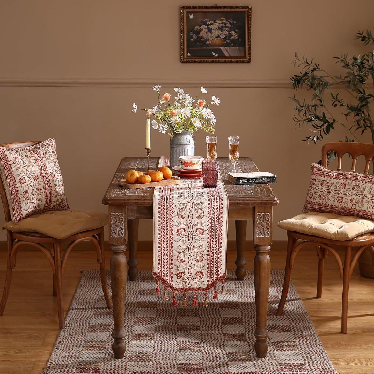 ISAENNE Designer Vintage Linen Table Runner 102 Inches Long,Red Floral Pattern Modern Decor Table Runners for Dining Tables,Thanksgiving,Kitchen Tables,Christmas,Banquet,12"*102"-Chamonix A