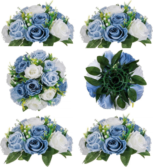 BLOSMON Flower Ball Centerpieces for Table 6 Pcs Fake Rose Centerpiece Flowers Dusty Blue Artificial Silk Floral Arrangement Center Piece Kissing Bouquet for Wedding Party Home Decor
