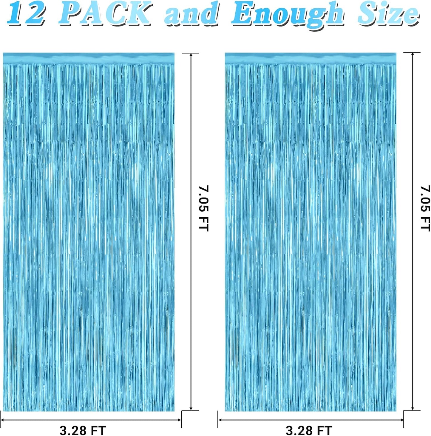 12 Pack Party Decorations, 3.28 FT x 7.05 FT Sky Blue Curtains, Metallic Party Streamers Photo Booth Backdrop Foil Fringe Curtains, Light Blue Winter Wonderland Backdrop Birthday Decor