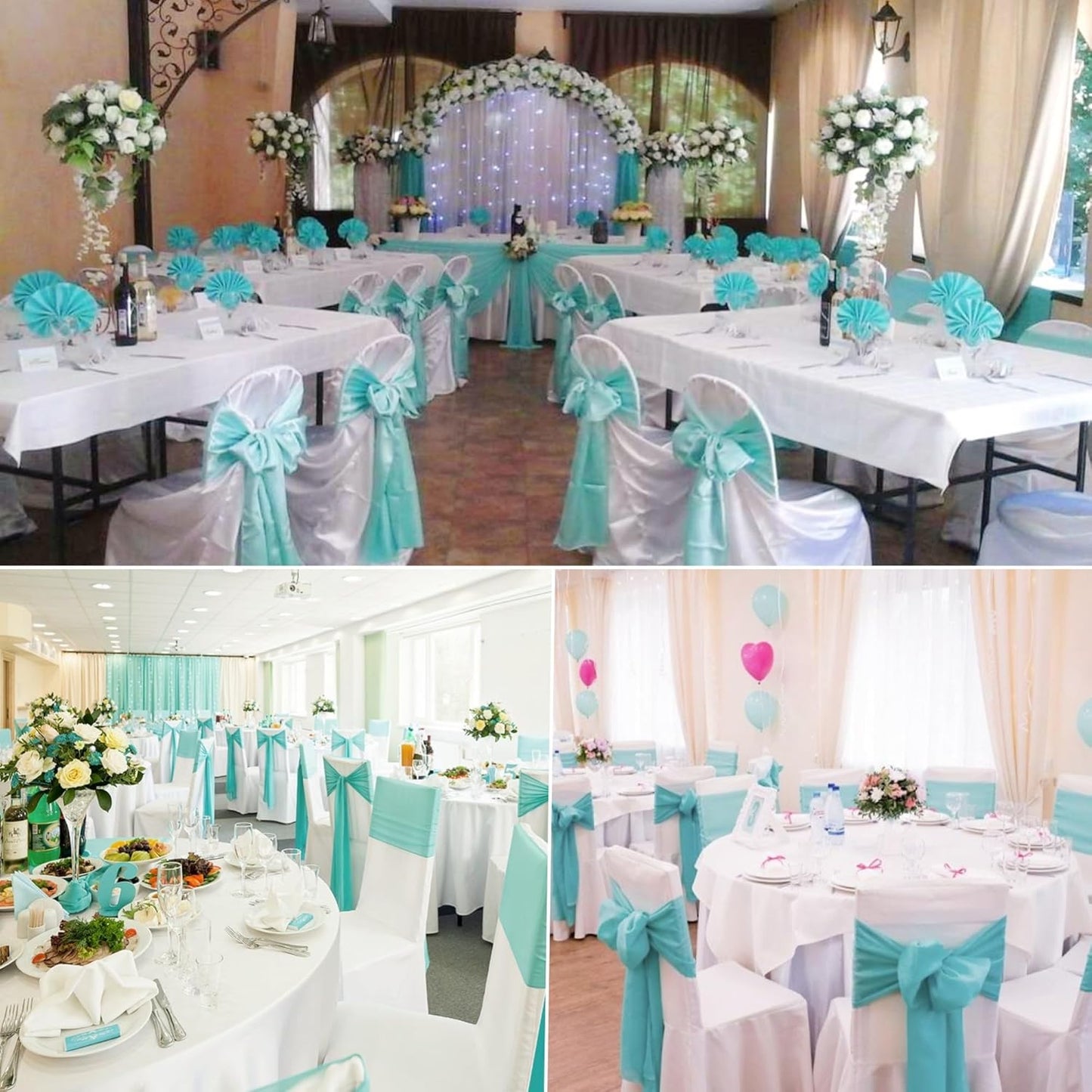 100 PCS Satin Chair Sashes Decorative Bow Chair Sashes Ties Back Ribbon Bow Chairs Cover Band for Wedding Birthday Party Ceremony Reception Event Banquet Hotel Home Kitchen Fall Decor(7 x108inch,Aqua)