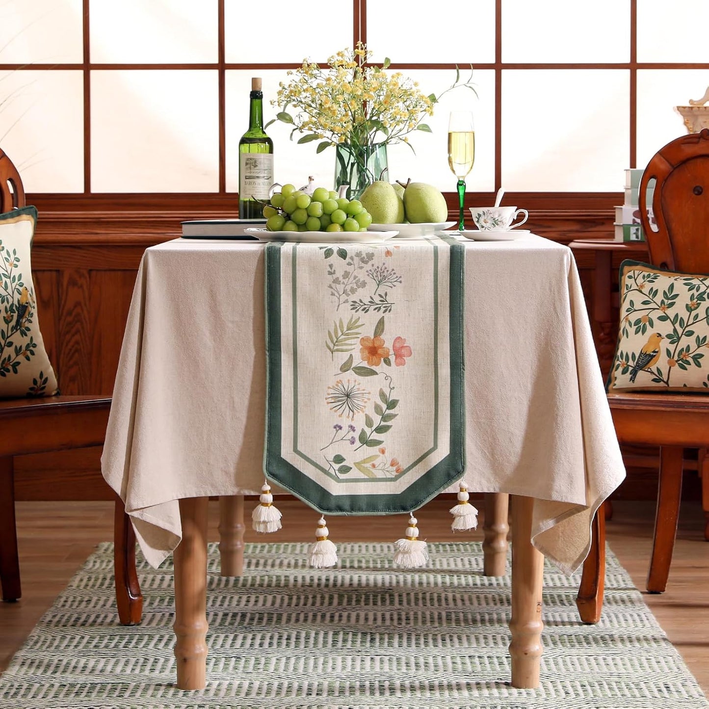 Designer Linen Table Runner,French Farmhouse Shabby Chic Floral Pattern 87 Inches Long Wrinkle Free Table Runners,Decor Tabletop for Kitchen,Dining,Party,Home,Christmas,12"*87"