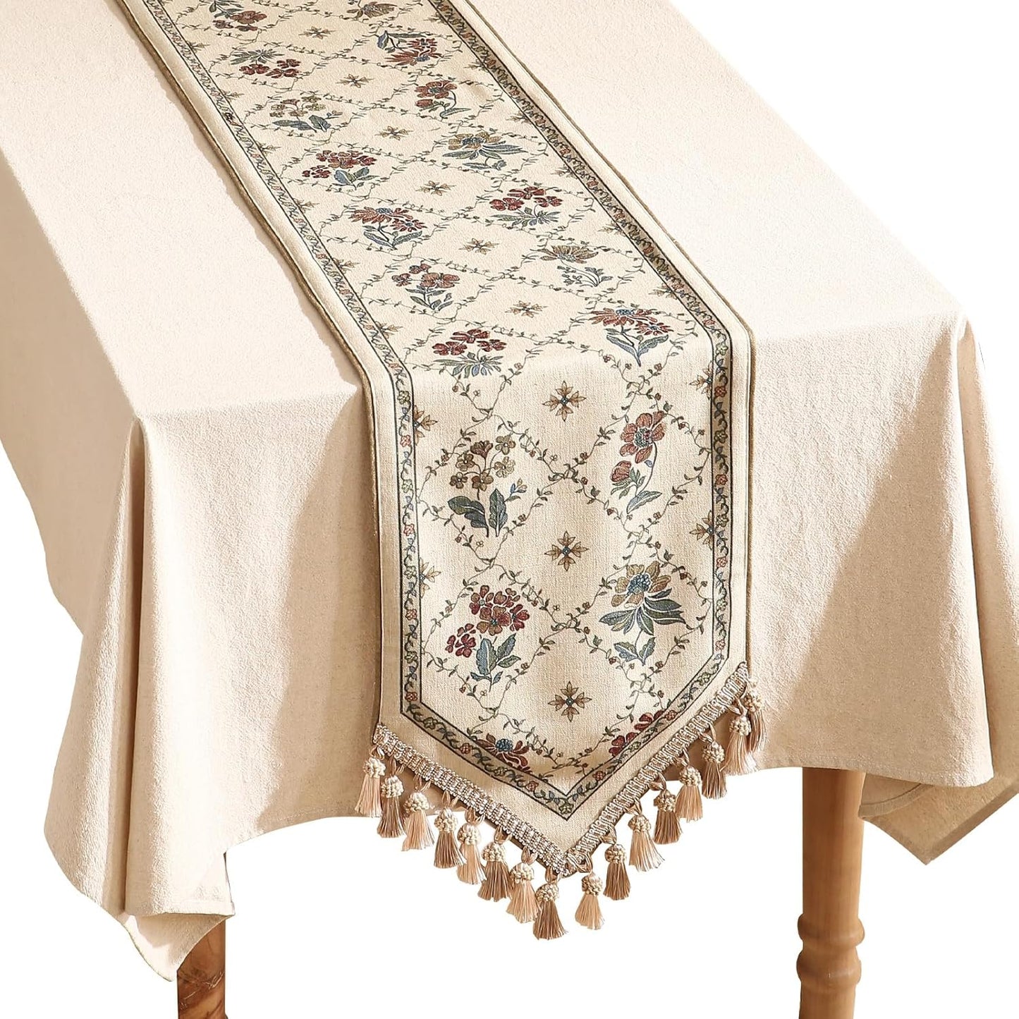patdrea Designer Vintage Floral Linen Table Runner 87 Inch Long, Beige Cottage Rustic Bouquets Pattern Table Mat,Decor for Kitchen Dining Coffee Table Shelf Cabinet Banquet Christmas ,12"*87"