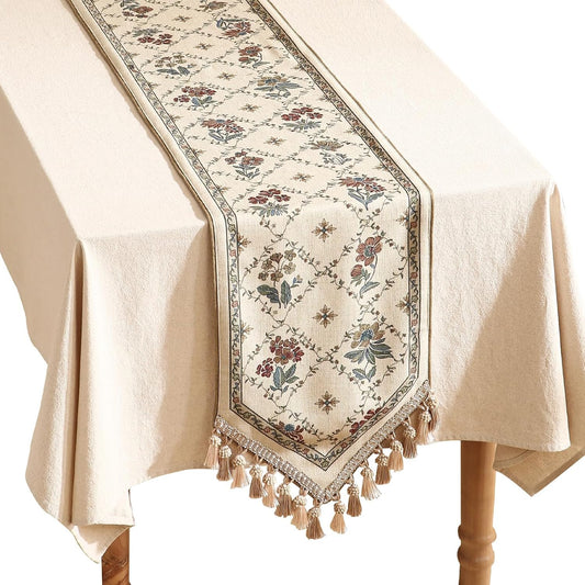 patdrea Designer Vintage Floral Linen Table Runner 71 Inch Long, Beige Cottage Rustic Bouquets Pattern Table Mat,Decor for Kitchen Dining Coffee Table Shelf Cabinet Banquet Christmas ,12"*71"