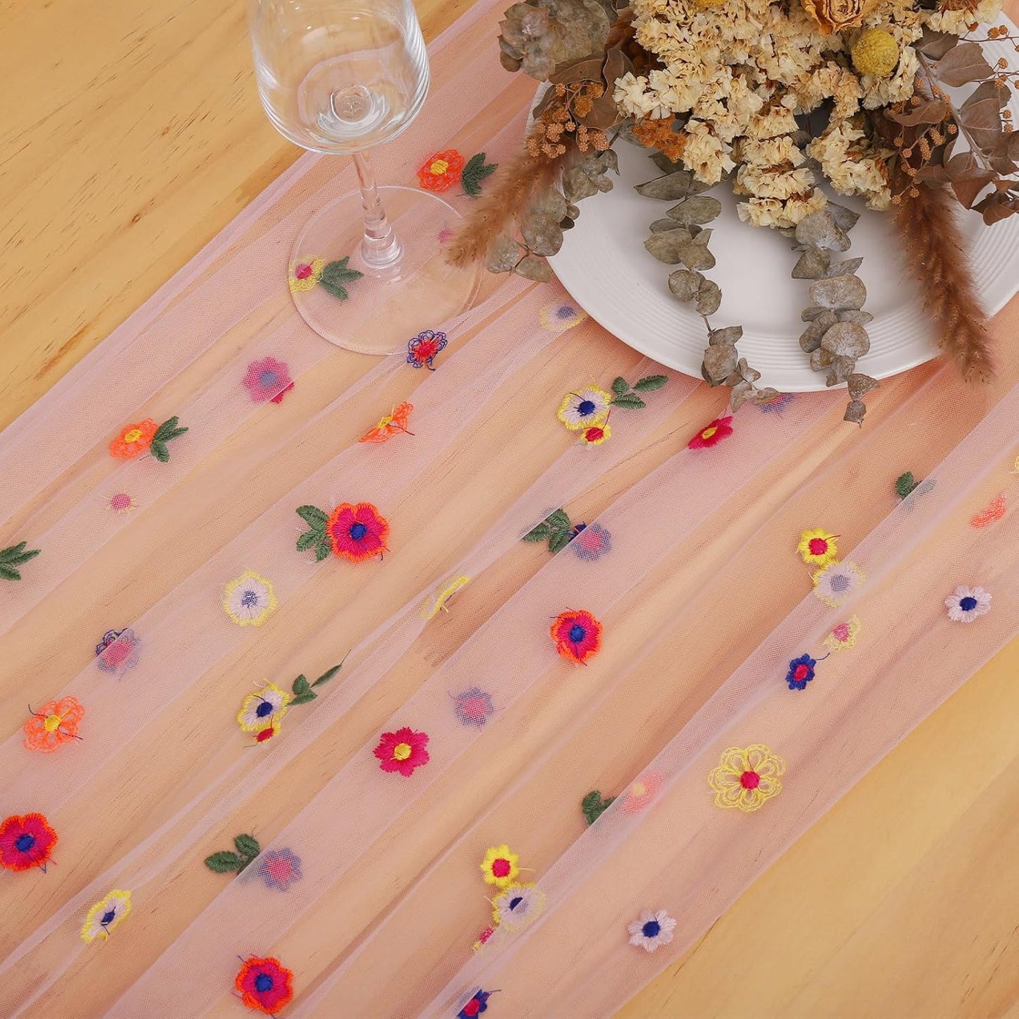 BINBE 6pcs Pink Daisy Fall Table Runner Embroidery Gauze 10FT Florals Seasonal Tulle Holiday Birthday Kitchen Dining Table Decor for Home Party