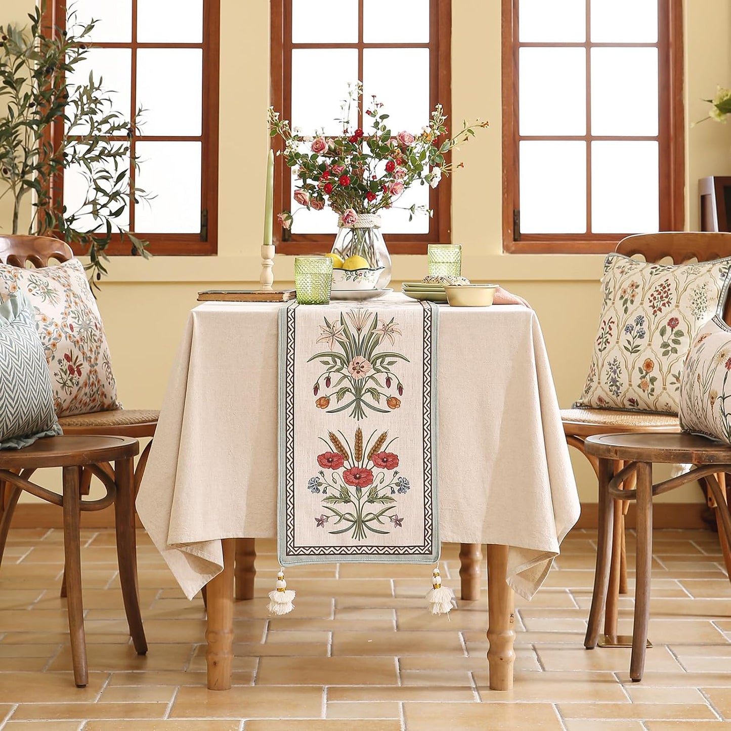 ISAENNE Designer French Country Linen Table Runner 87 Inches Long,Elegant Colorful Floral Pattern Table Runners for Dining Tables,Thanksgiving,Christmas,Kitchen Decor,12"*87"-Serenity F