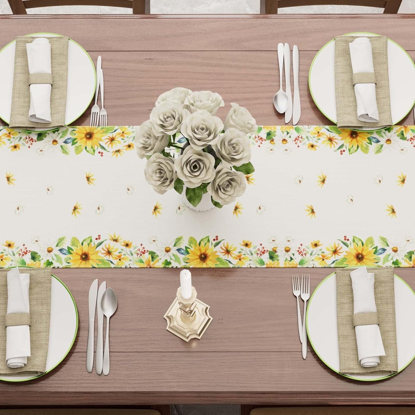 XCHI Yellow White Daisies Flowers Gnomes Spring Table Runner Burlap Table Decoration for Summer Seasonal Home Kitchen Dining Dinner Indoor Holiday Farmhouse Decor 13x60 Inch