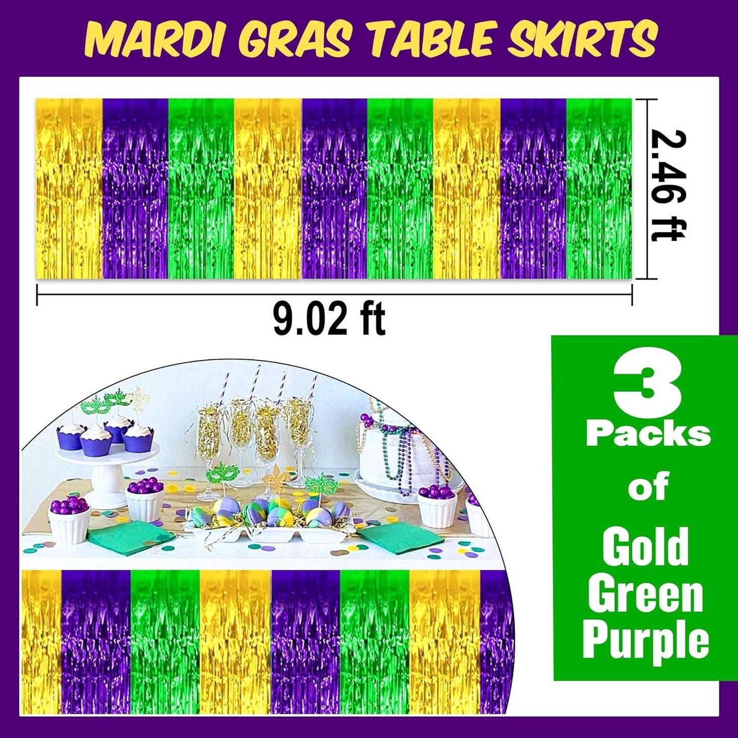 3 Pack 29 x108 Inch Gold Green Purple Foil Fringe Table Skirts Metallic Banner for Tinsel Streamer Garland Backdrop for Parade Floats Mother's Day, Graduate, Birthday, Wedding Party Decoration