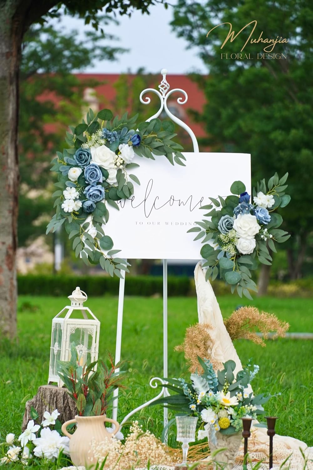 Wedding Sign Faux Flower Swag (Pack of 2) for Ceremony Party Reception Entrance Floral Decor Wall Easel Stand for Wedding Poster Welcome Sign(Blue)