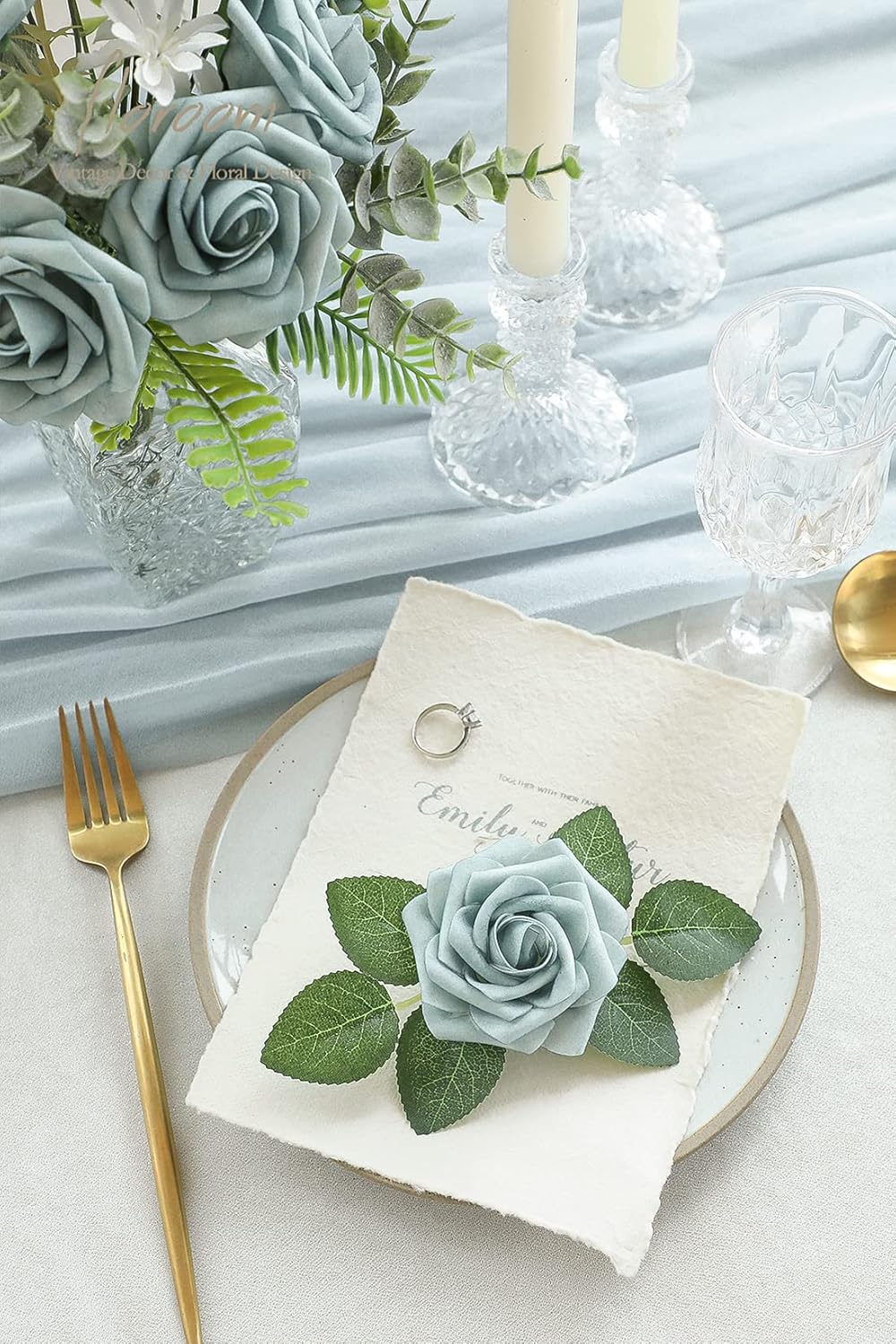 Floroom Artificial Flowers 25pcs Real Looking Dusty Blue Foam Fake Roses with Stems for DIY Wedding Bouquets Bridal Shower Centerpieces Floral Arrangements Party Tables Home Decorations