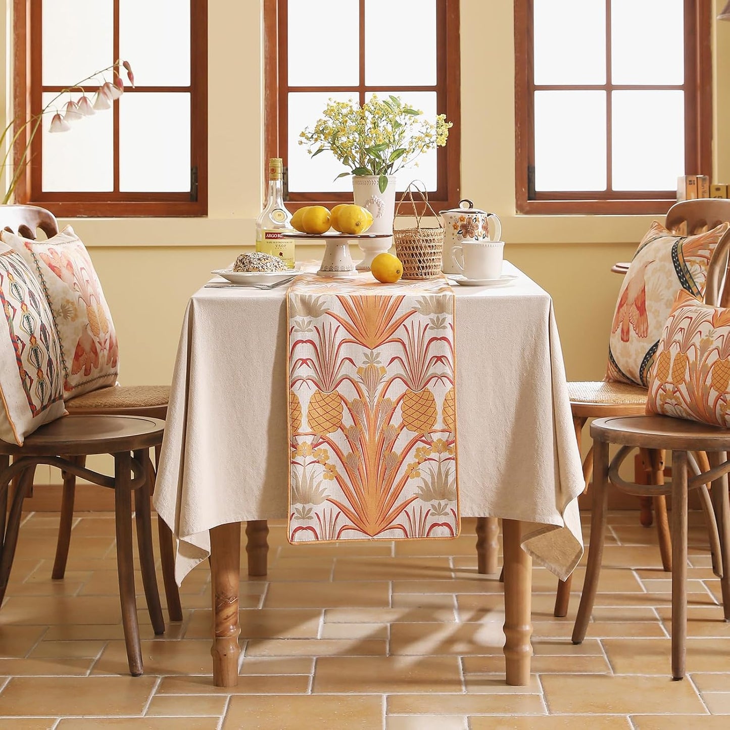 patdrea Designer Tropical Linen Table Runner 102 Inch Long, Yellow Vintage Elegant with Pineapple Pattern Table Mat,Decoration for Kitchen Dining Coffee Table Cover Banquet Christmas , 12"*102"