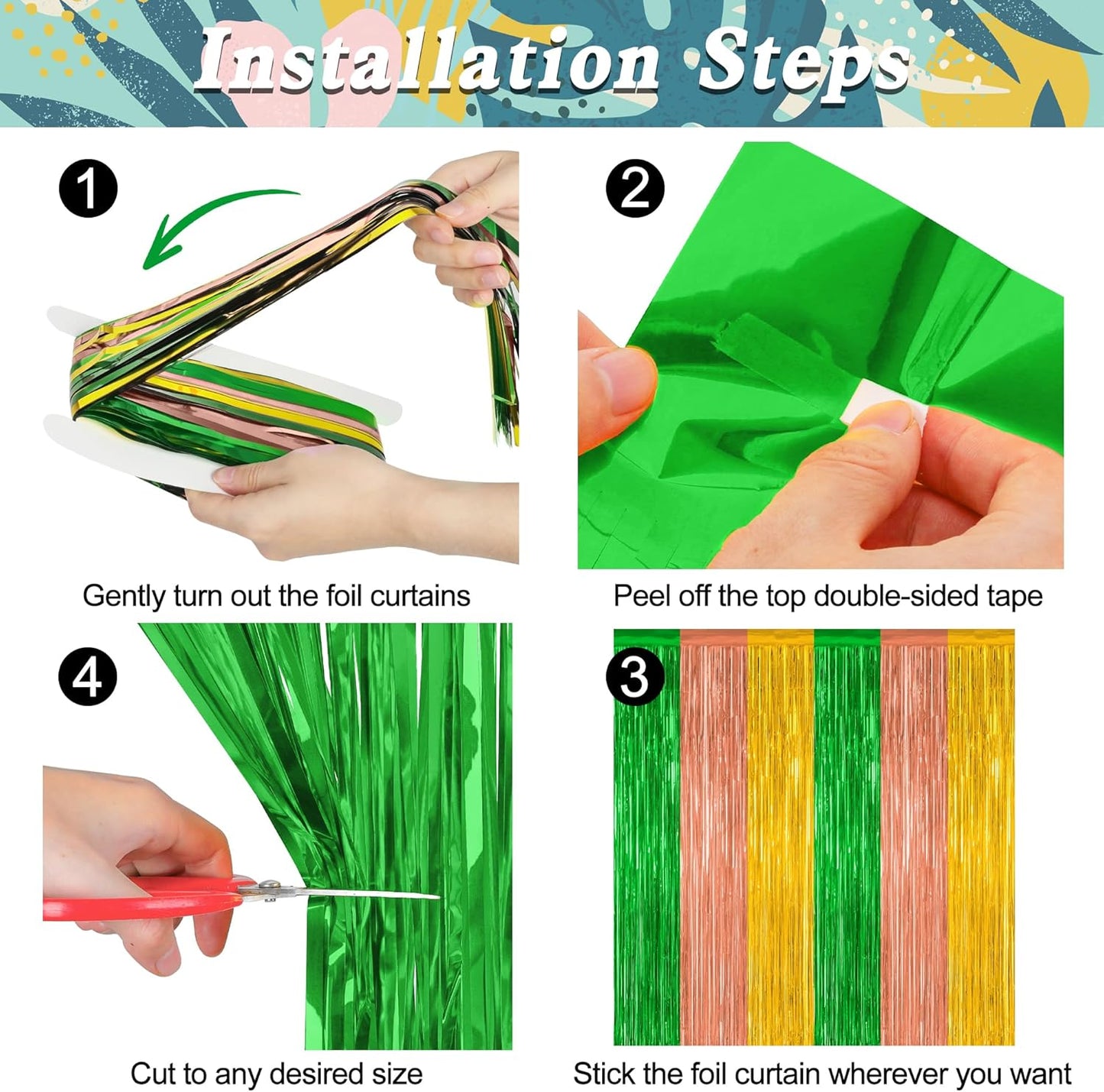 12 Pack Hawaiian Party Decorations, 3.28 FT x 7.05 FT Luau Party Decorations, Green Brown Yellow Backdrop Fringe Curtains Foil Streamer, Metallic Summer Decor Photo Booth Props