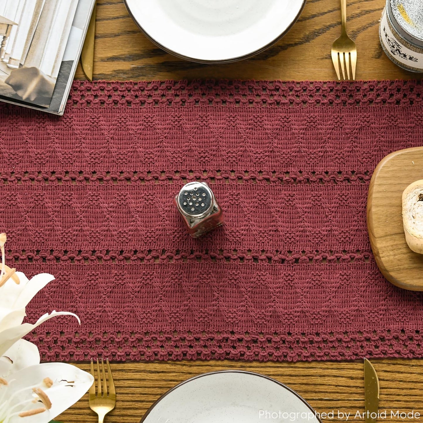 Artoid Mode Red Farmhouse Woven Rustic Hollow Table Runner, Seasonal Holiday Hollow Kitchen Dining Table Decoration for Home Party Decor 12x72 Inch