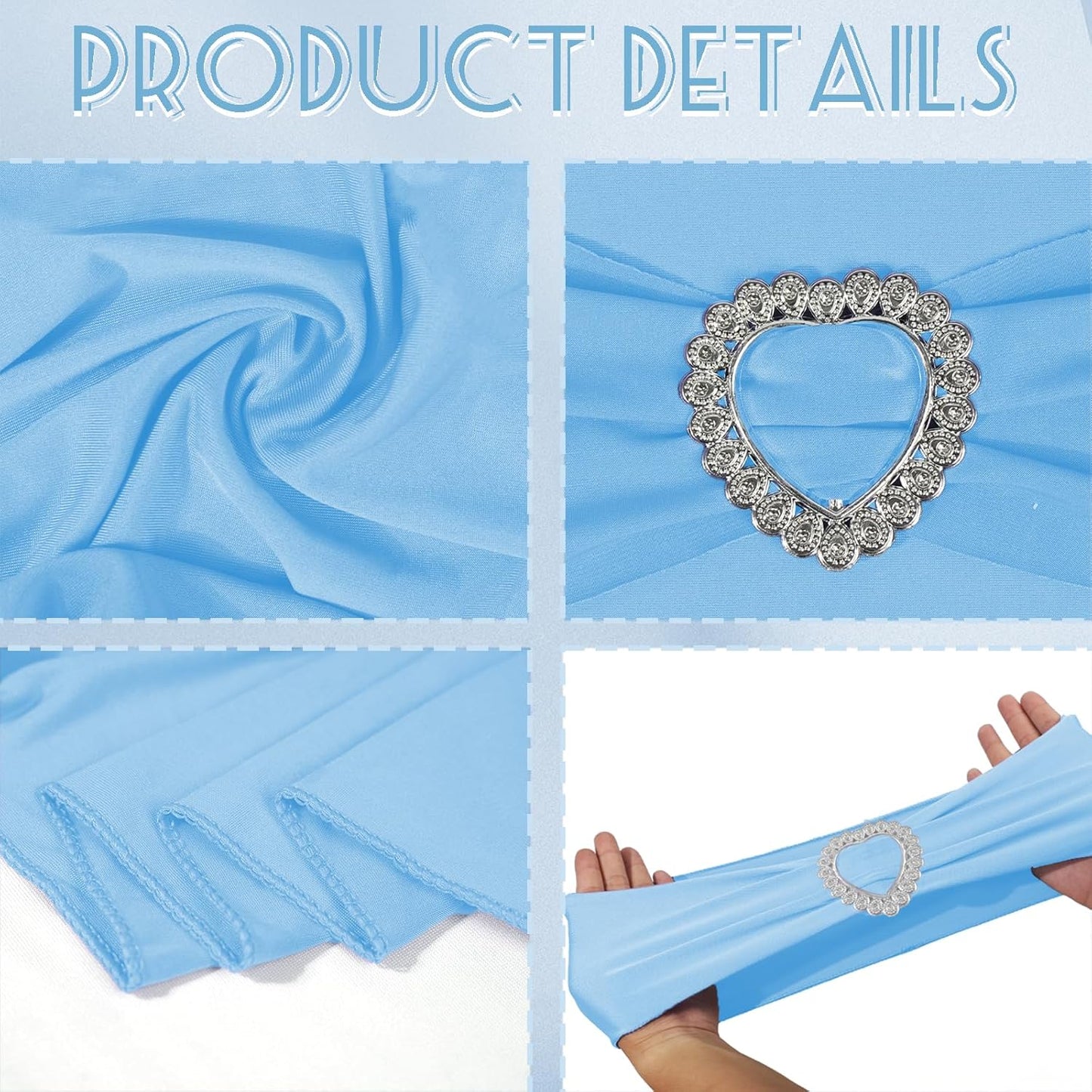 100 Pack Spandex Stretch Blue Chair Sashes Bows Universal Elastic Light Blue Chair Cover Bands Ties with Buckle Slider for Wedding Party Banquet Ceremony Reception Event Decorations