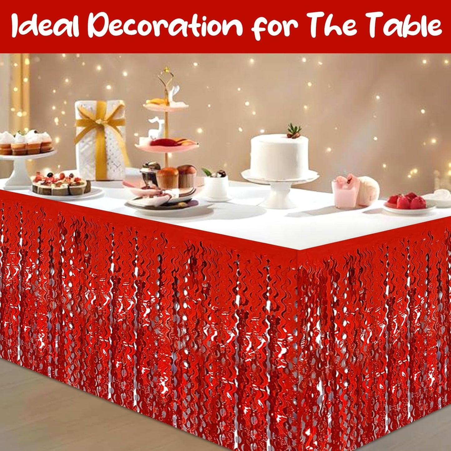 6Pack 29 x108 Inch Red Wave Foil Fringe Table Skirts Metallic Banner for Tinsel Streamer Garland Backdrop for Parade Floats, Mother's Day, Easter, Graduate, Birthday, Wedding Party Decoration