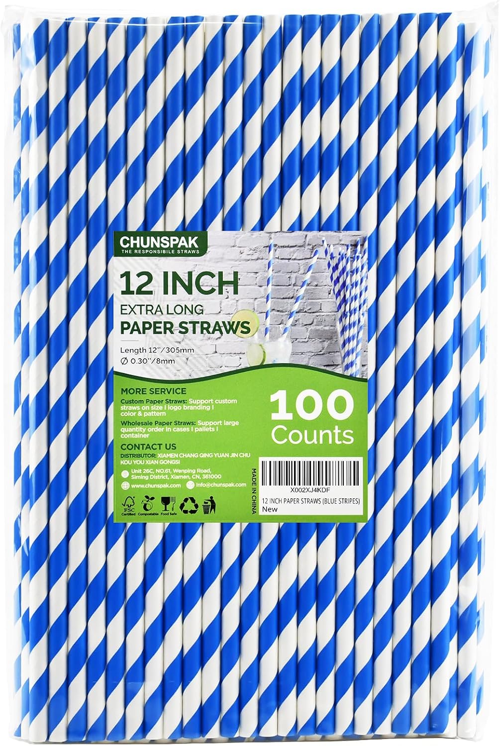 12 Inch Disposable Paper Drinking Straws Large and Tall, 8mm Wide - for Long Drinks, Smoothies, Milkshakes - Blue, 100 Counts - Eco-friendly