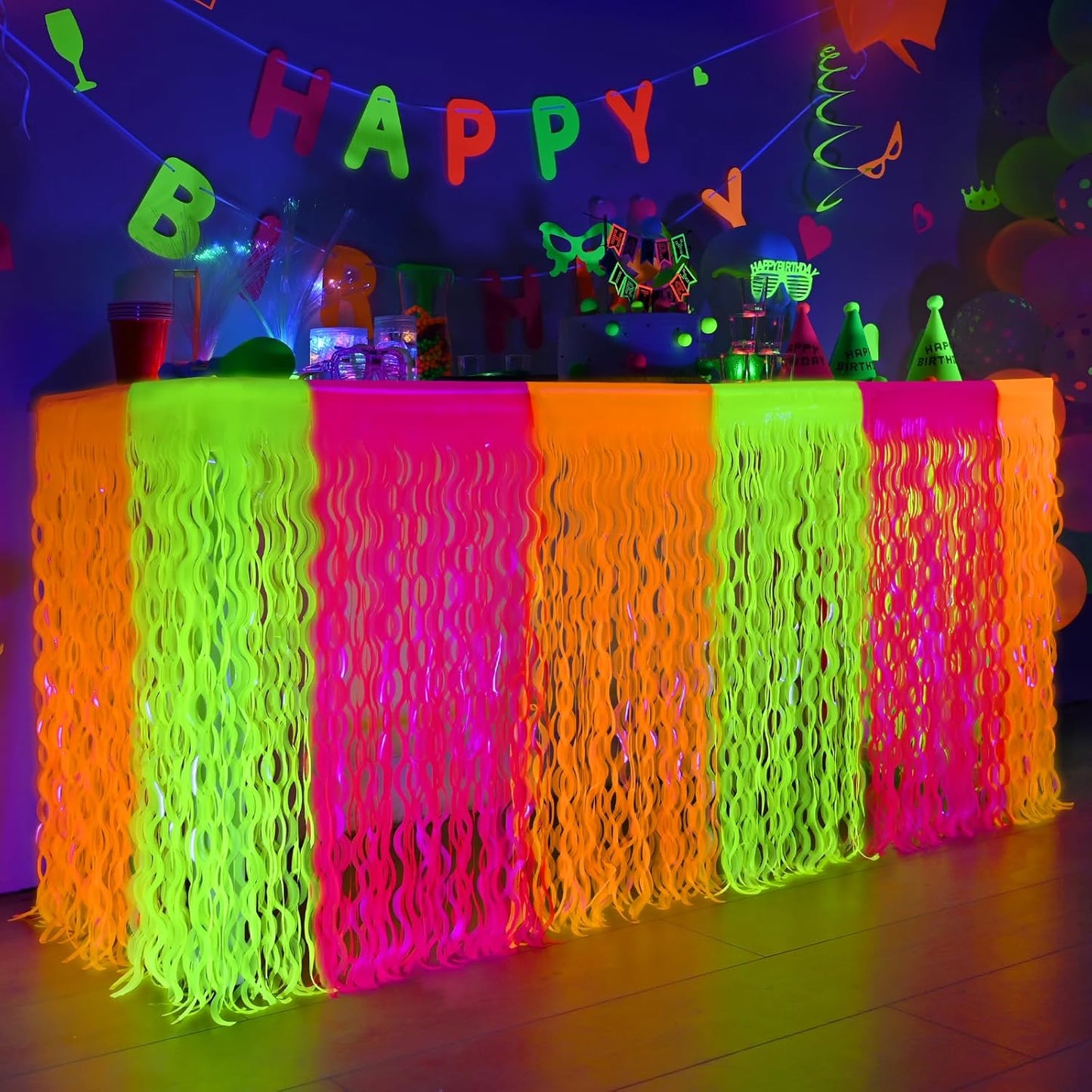 Mega-L Glow in The Dark Party Supplies, 2 Pack Neon Party Decorations Fluorescent Macaron Orange, Yellow and Fuchsia Wavy Metallic Tinsel Foil Fringe Table Skirts, Perfect Table Decors Glow Decors