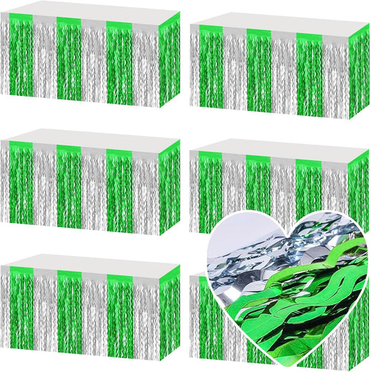 6 Pack 29x108 Inch Silver Green Wave Foil Fringe Table Skirts Metallic Banner for Tinsel Streamer Garland Backdrop for Parade Floats Wedding, Mother's Day, Birthday Mardi Gras Party Decorations