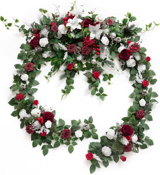 Ling's moment 9FT Eucalyptus and Willow Leaf Garland with White Flower, Handcrafted Wedding Sweetheart Table Centerpieces Head Table Decor Arch Backdrop Decorations for Wedding | Red & White