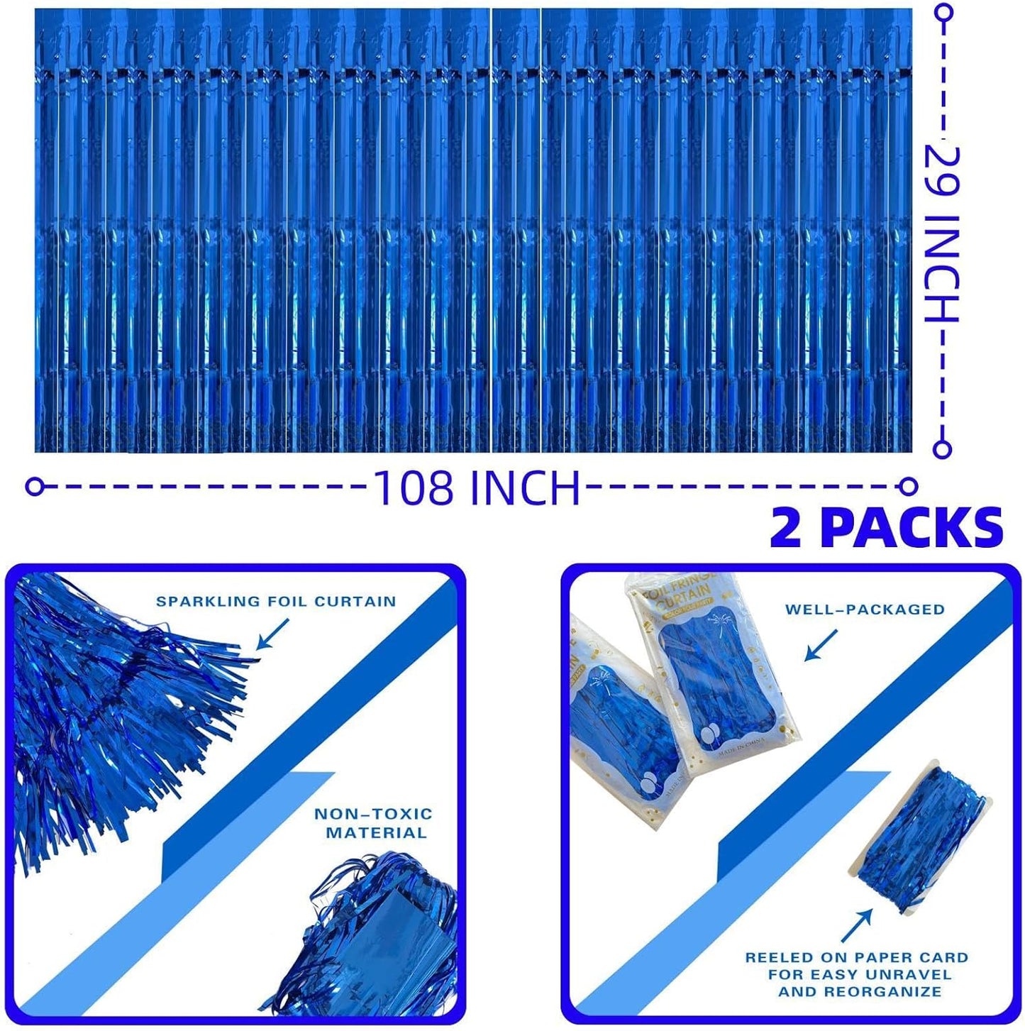 Blue Streamers Party Decorations, 2 Packs Blue Table Skirts Metallic Foil Fringe Tinsel for Birthday Under the Sea Boy Baby Shower Float Parade Mardi Gras Graduation Party Supplies -29x108Inch