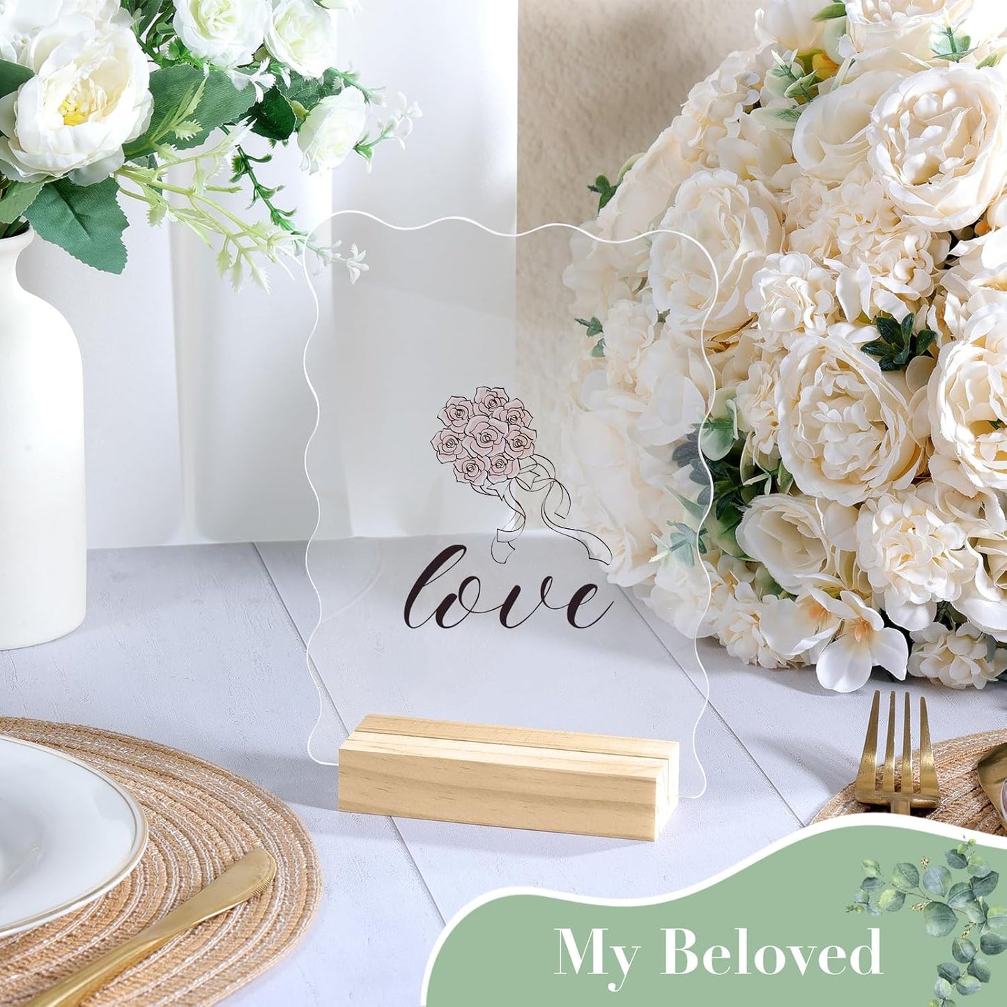 10 Pack 5x7 Inch Scalloped Acrylic Sign Blank Acrylic Sheets with Wood Base Clear Table Numbers for DIY Name Card Gifts Wedding Table Sign Event Party Decoration