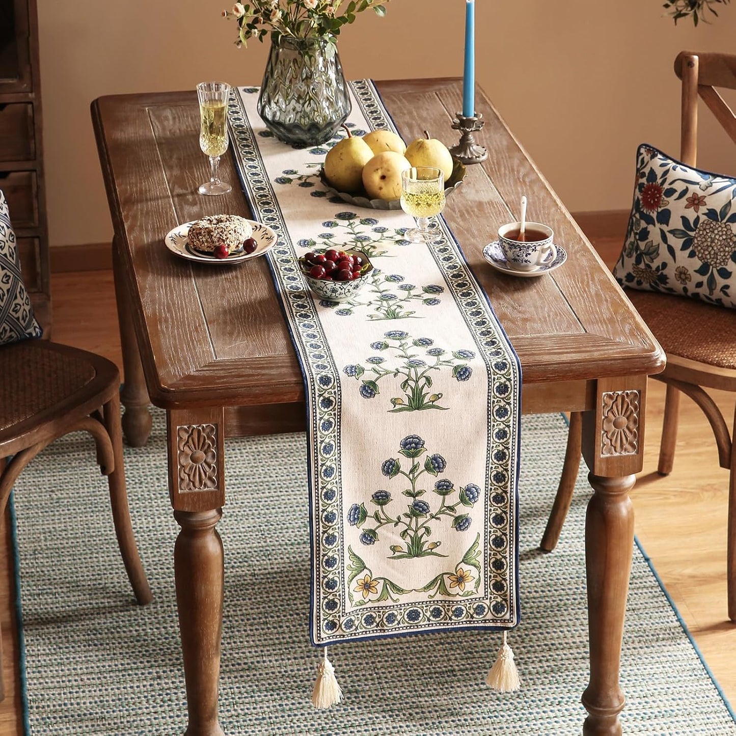patdrea Designer Blue Rustic Elegant Floral Patterned Linen Table Runner 87 Inch Long,Wrinkle Resistant Table Mat,Decoration for Kitchen Dining and Coffee Tables Banquet Christmas , 12"x87"