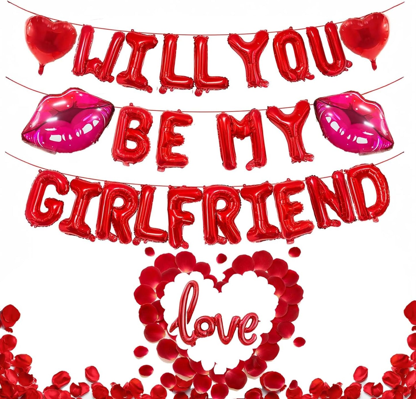 16 Inches Red 'WILL YOU BE MY GIRLFRIEND' Confession Letter Balloons with Heart-Shape, lips, love Foil Balloons and Rose Petals for Romantic Special Night Decorations and Valentines Day