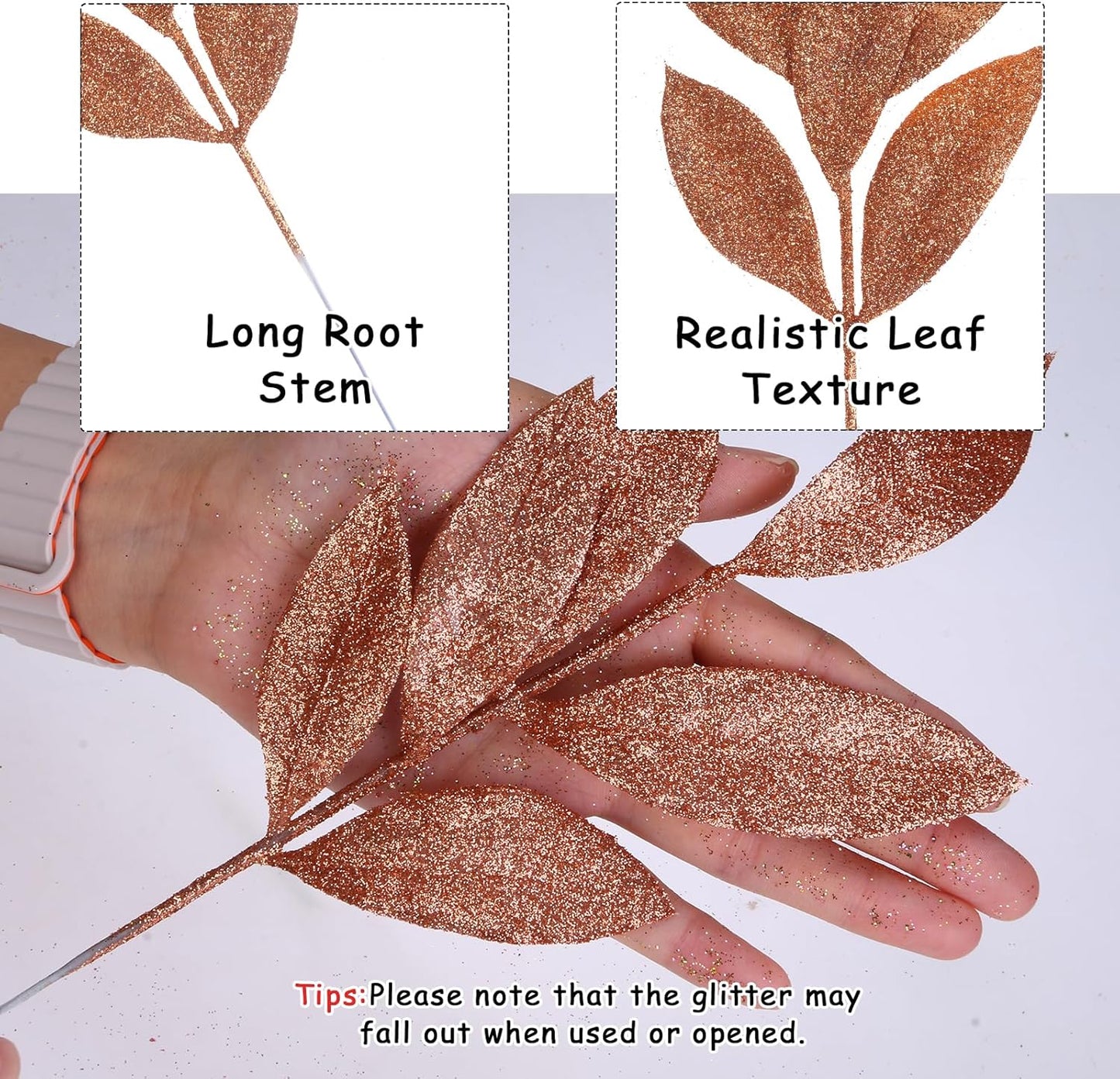 GREENTIME 12 Pack Artificial Brown Glitter Leaves 13" Fake Christmas Picks Decorative Glitter Sticks for Vase Christmas Tree DIY Wreath Crafts Fireplace Decor