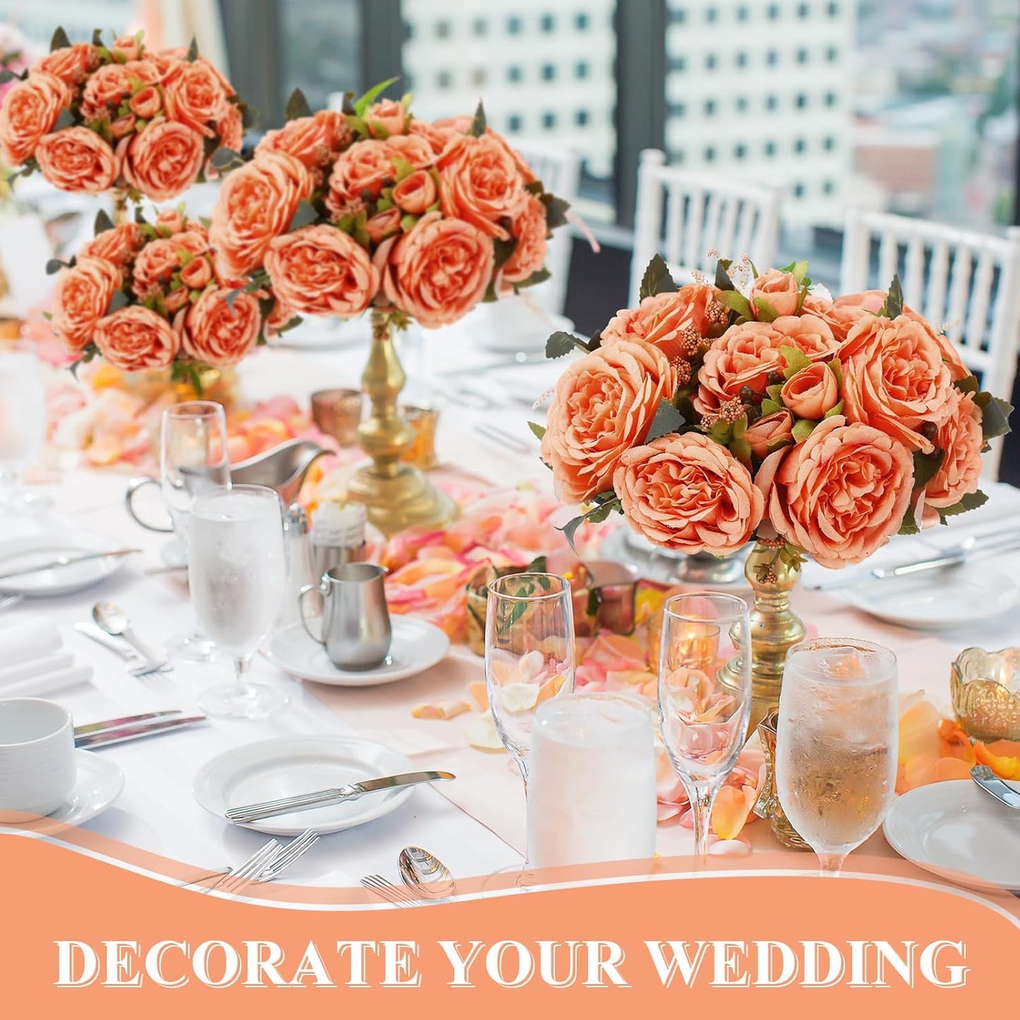 8 Bundles Artificial Peonies Flowers Boho Faux Flowers Arrangements Artificial Centerpiece Spring Bouquet Floral Wedding Decoration for Vase(Orange)