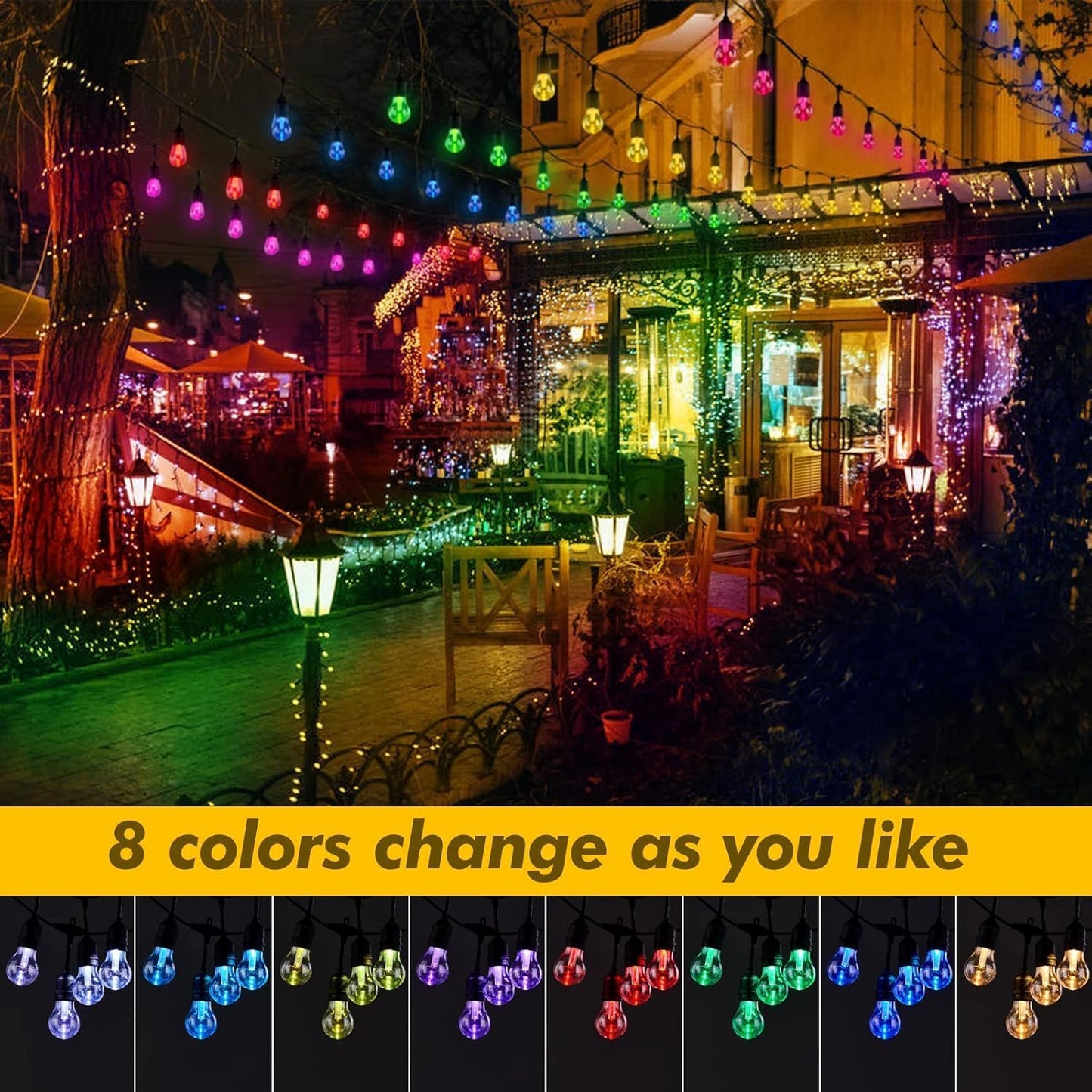 144FT Solar Outdoor String Lights, 45 Shatterproof E26 Edison LED Bulbs, IP65 Waterproof Dimmable RGB Color Changing Patio Lights with 8 Modes & Remote for Garden, Cafe