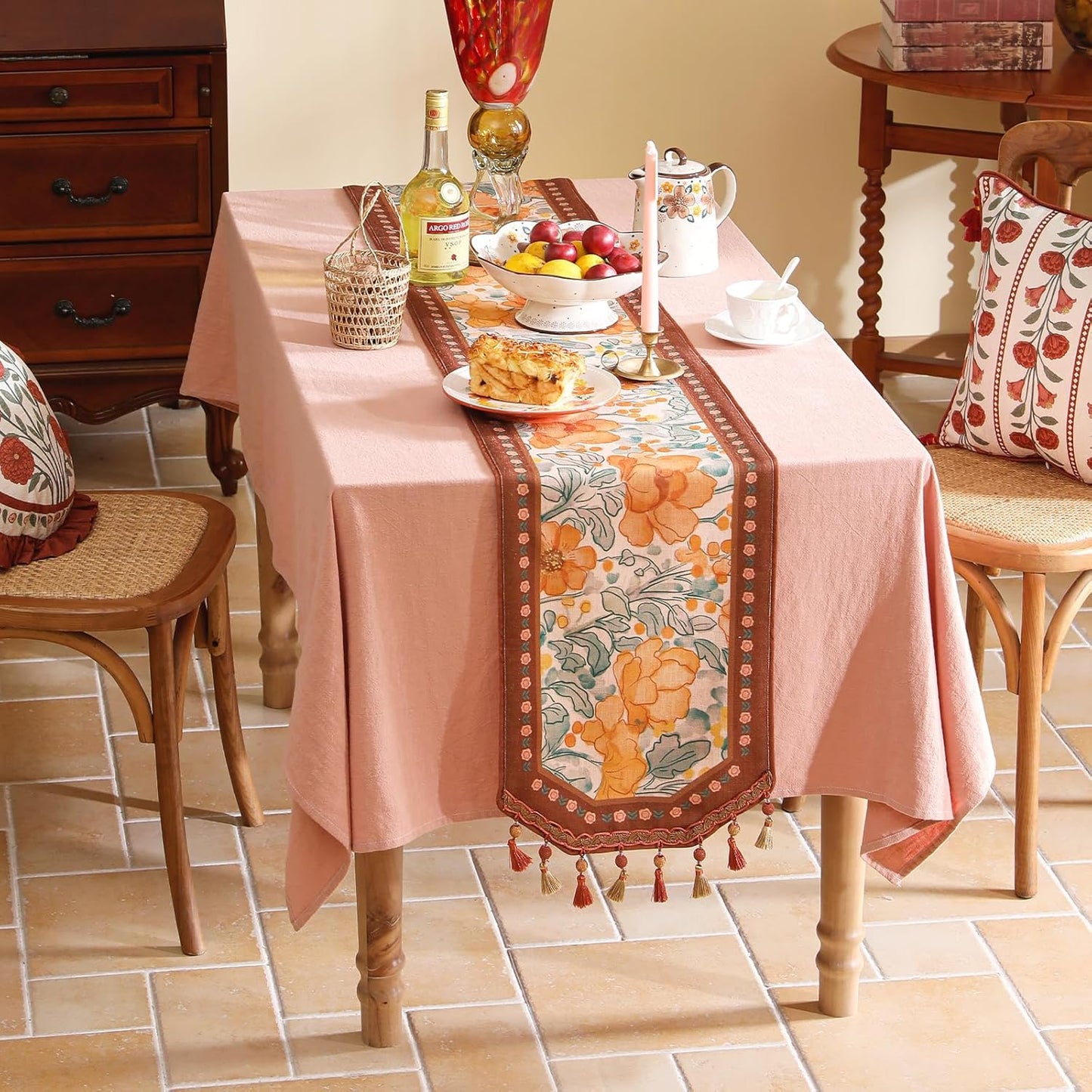 Designer Vintage Floral Printed Table Runner,French Soft Linen Farmhouse Table Runners 87 Inches Long,Italian Decor Tabletop for Kitchen,Dining,Party,Home,Christmas,12"*87"