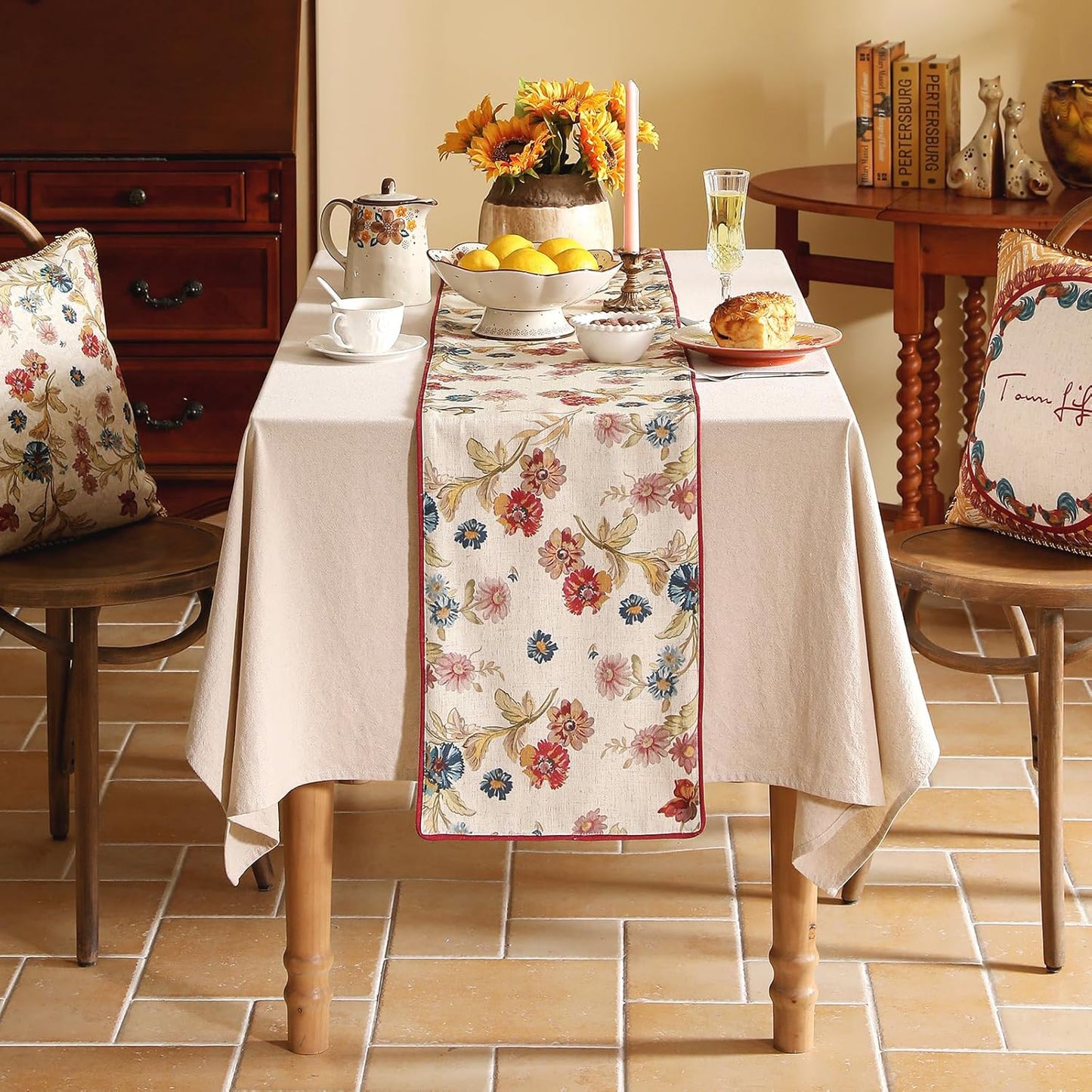 patdrea Designer Farmhouse Linen Thick Table Runner, Rustic Cottage Beige with Floral Pattern Fabric Table Mat, Decoration for Kitchen Dining Thanksgiving New Year Banquet Christmas, 12"*87"