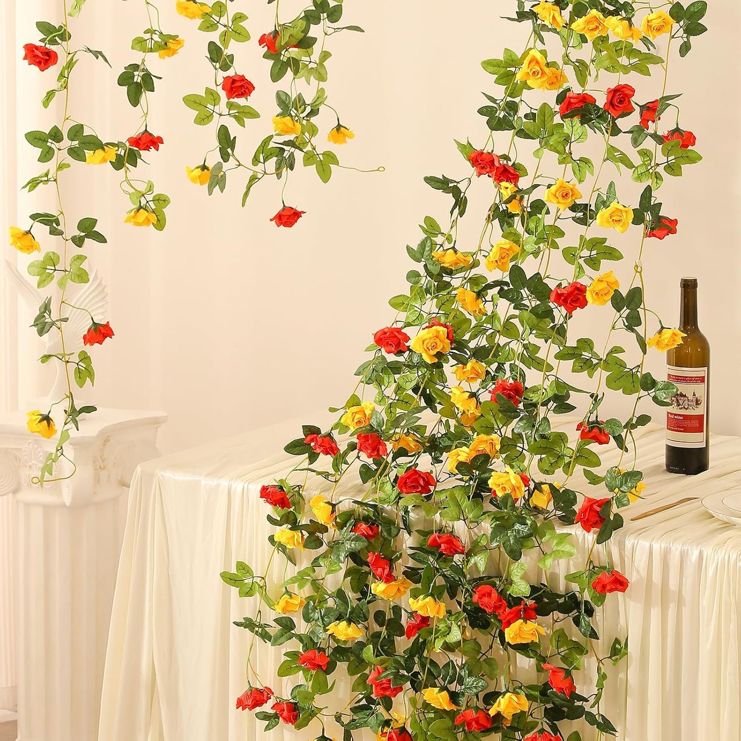 Floweroyal 2 Pack Artificial Flower Garlands 15.8FT Fake Rose Vines Silk Flowers Hanging Rose Ivy for Wedding Arch Party Home Garden Wall Decor (Orange Yellow)