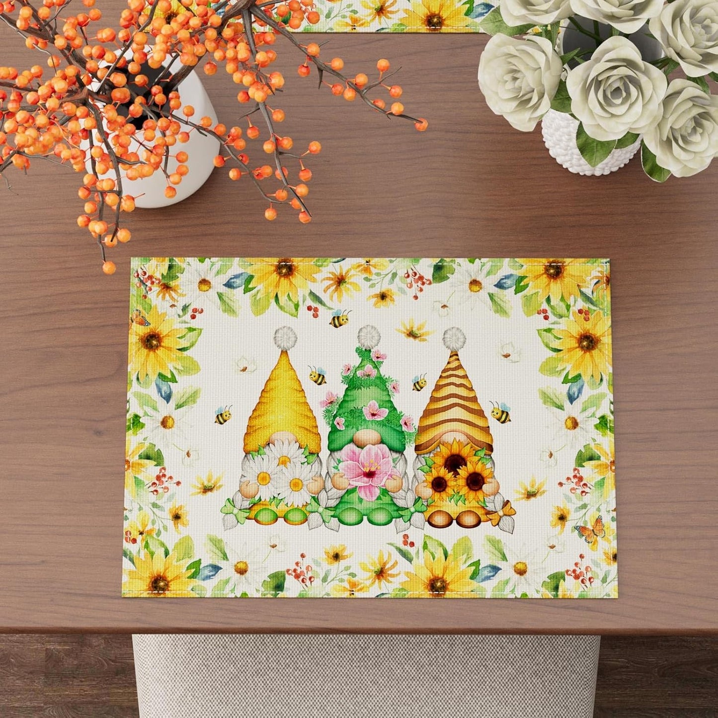 XCHI Daisies Flowers Gnomes Spring Placemats Set of 4 Table Mats Summer Seasonal Table Decorations 12x18 Inch