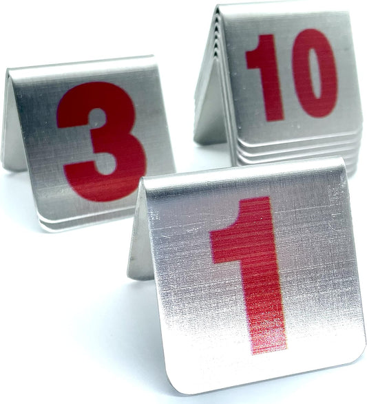 10 Pcs Metal Place Cards Stackable Tent Style Table Numbers，Place Card Holders for Celebration Wedding Party Restaurants Cafes Bars Gatherings meeting Room Board Game Serial (Small 1-10, Red)