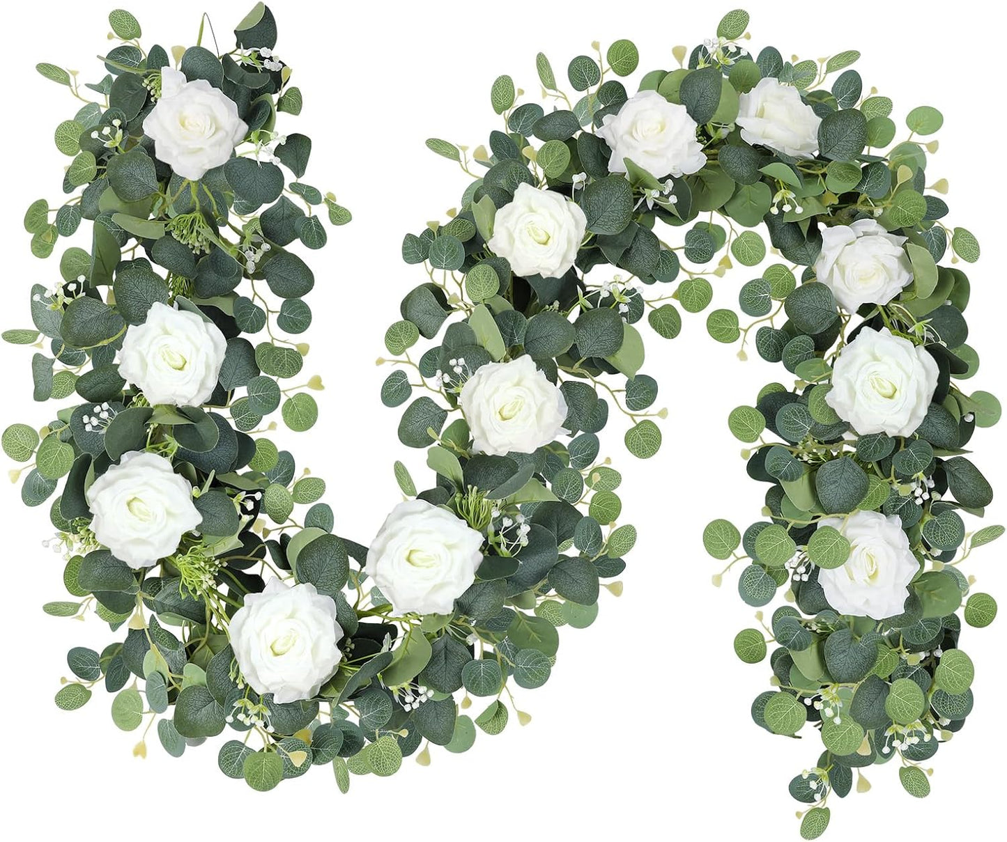 MACTING 6.6FT Fake Flower Garland with White Roses Artificial Gypsophila Eucalyptus Garland Floral Greenery Vine for Wedding Arch Table Centerpieces Backdrop Party Home Summer Decorations