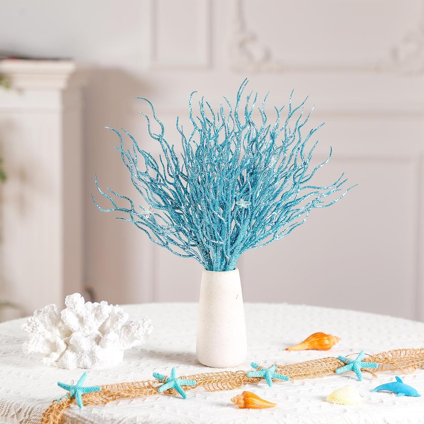 8 Pcs Blue Coastal Ornaments for Christmas Tree Artificial 15.7inch Glitter Coastal Ocean Branch Artificial Flowers Christmas Tree Filler Twigs Plants Xmas Ornaments for Vase Gift Wreath