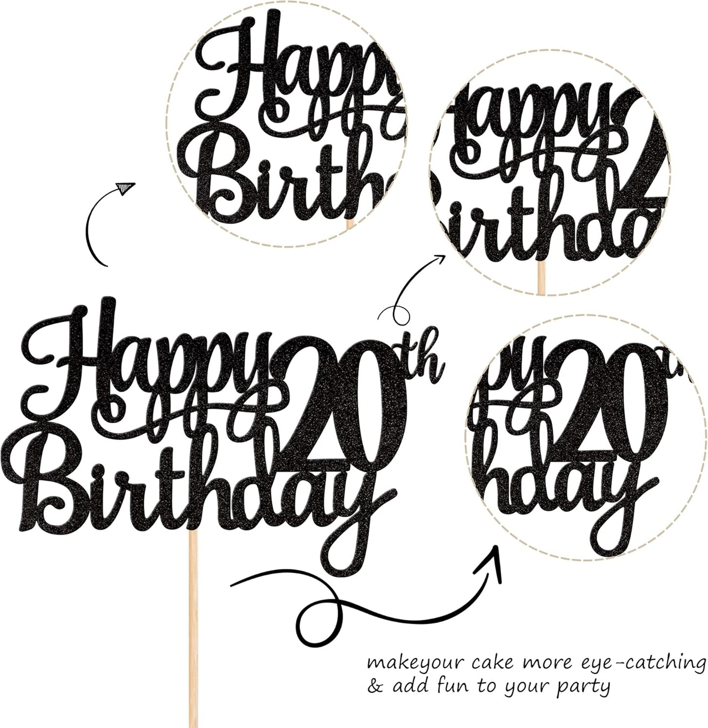 1 PCS Happy 20th Birthday Cake Topper Glitter Cheers to 20 Years Birthday Cake Pick Twenty 20 Fabulous Cake Decoration for Happy 20th Birthday Theme Party Decorations Supplies Black