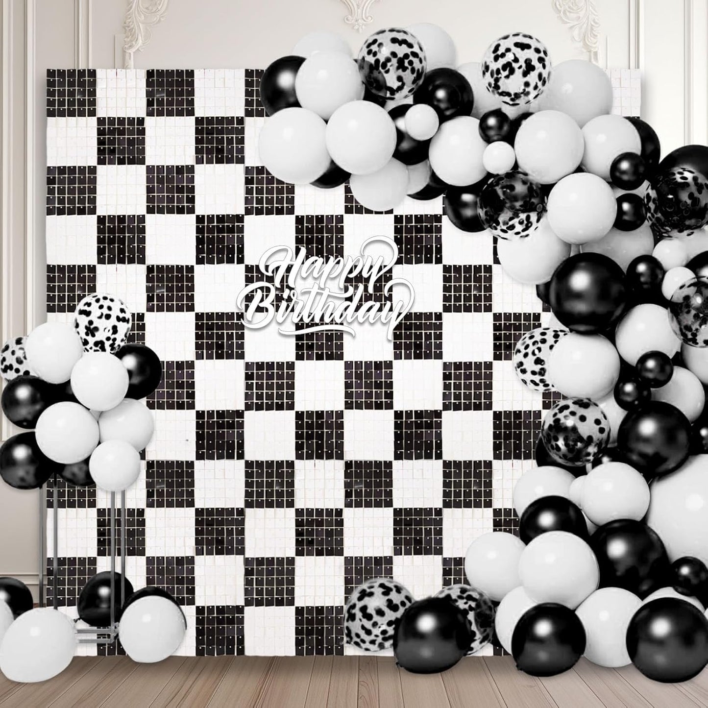 12PCS Black White Shimmer Wall Backdrop, Square Sequin Photo Backdrops Panel, Glitter Wall Background for Birthdays, Weddings, Christmas, Engagements, Disco Bachelorette Party Decor (3FTx4FT)