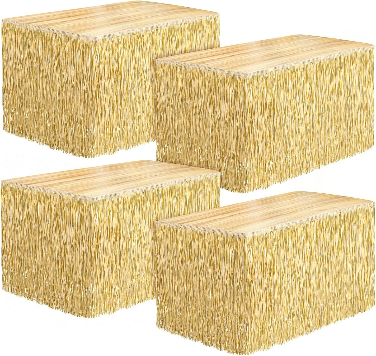 Fovths 4 Packs Luau Grass Table Skirt Fringe Straw Grass Skirt 108 x 30 Inch Hibiscus Hawaiian Table Skirts Rectangle Tropical Luau Party Decorations for Hawaiian Luau Decorations