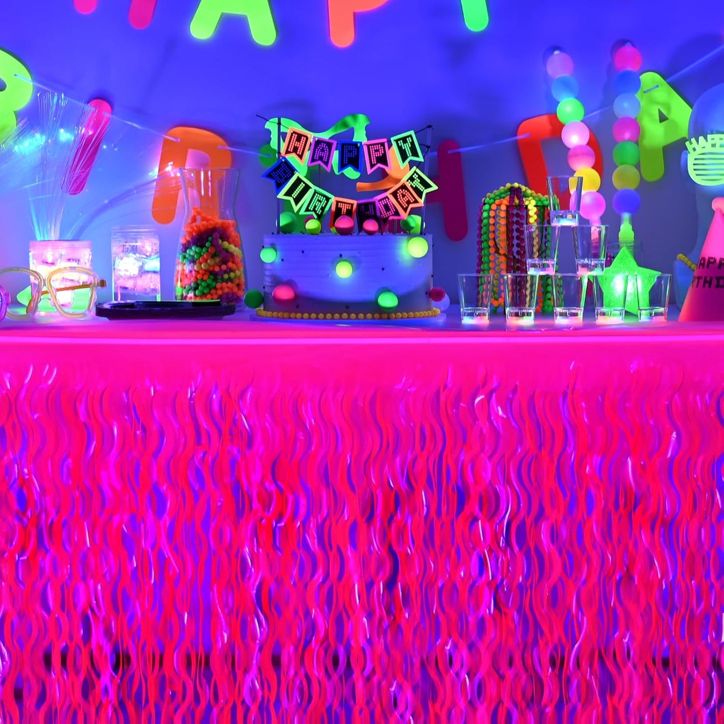 Mega-L Glow in The Dark Party Supplies, 2 Pack Neon Party Decorations Fluorescent Macaron Fuchsia Wavy Metallic Tinsel Foil Fringe Table Skirts, Perfect Table Decors for Glow Birthday Decor