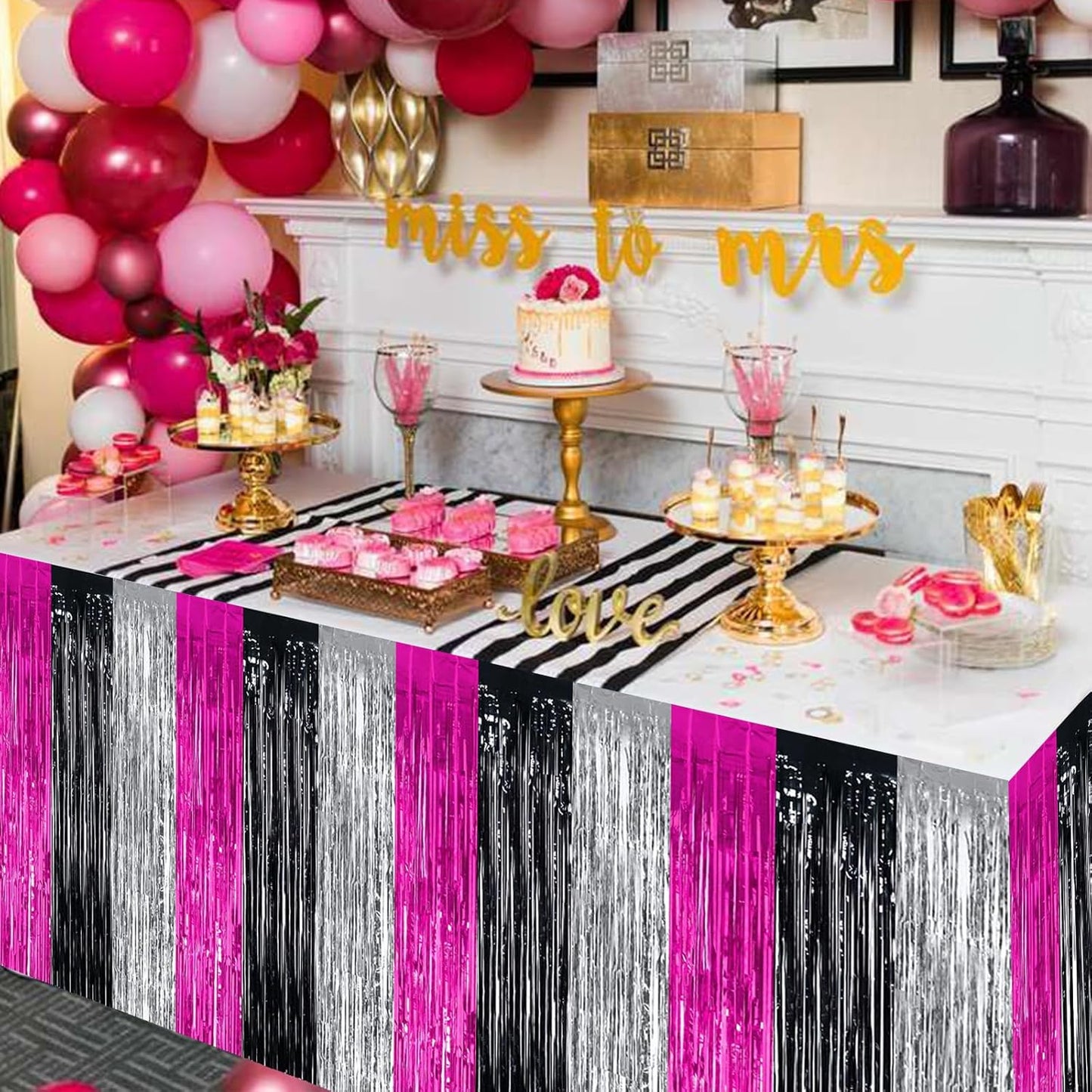 BEISHIDA 2 Pack Hot Pink Black Silver Table Skirts Party Decorations Metallic Tinsel Foil Fringe Table Skirts for Hot Girls Mouse Theme Birthday Holiday Party