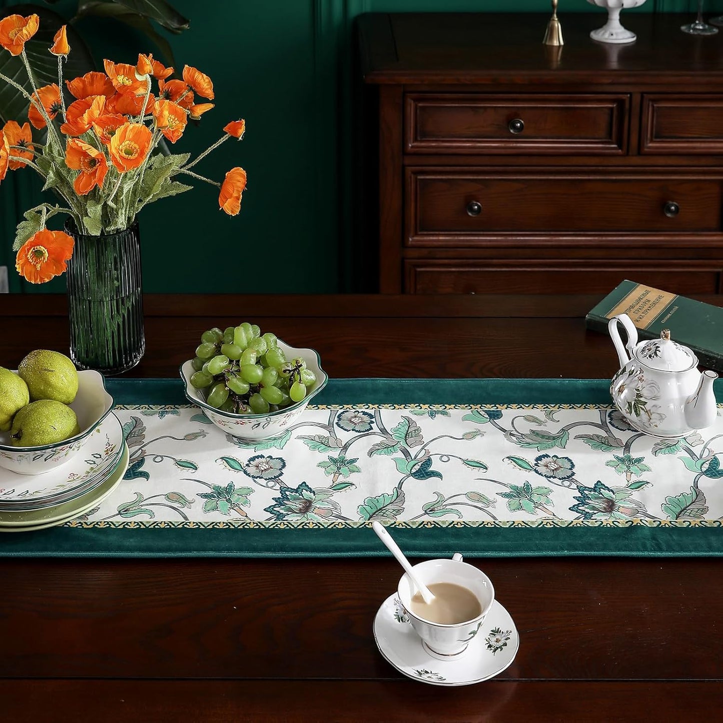 patdrea Designer Elegant French Floral Velvet Table Runner, Teal with Blossoms Pattern Table Mat, Decoration for Kitchen Dining Coffee Table Shelf Cabinet Banquet Thanksgiving,12"*71"