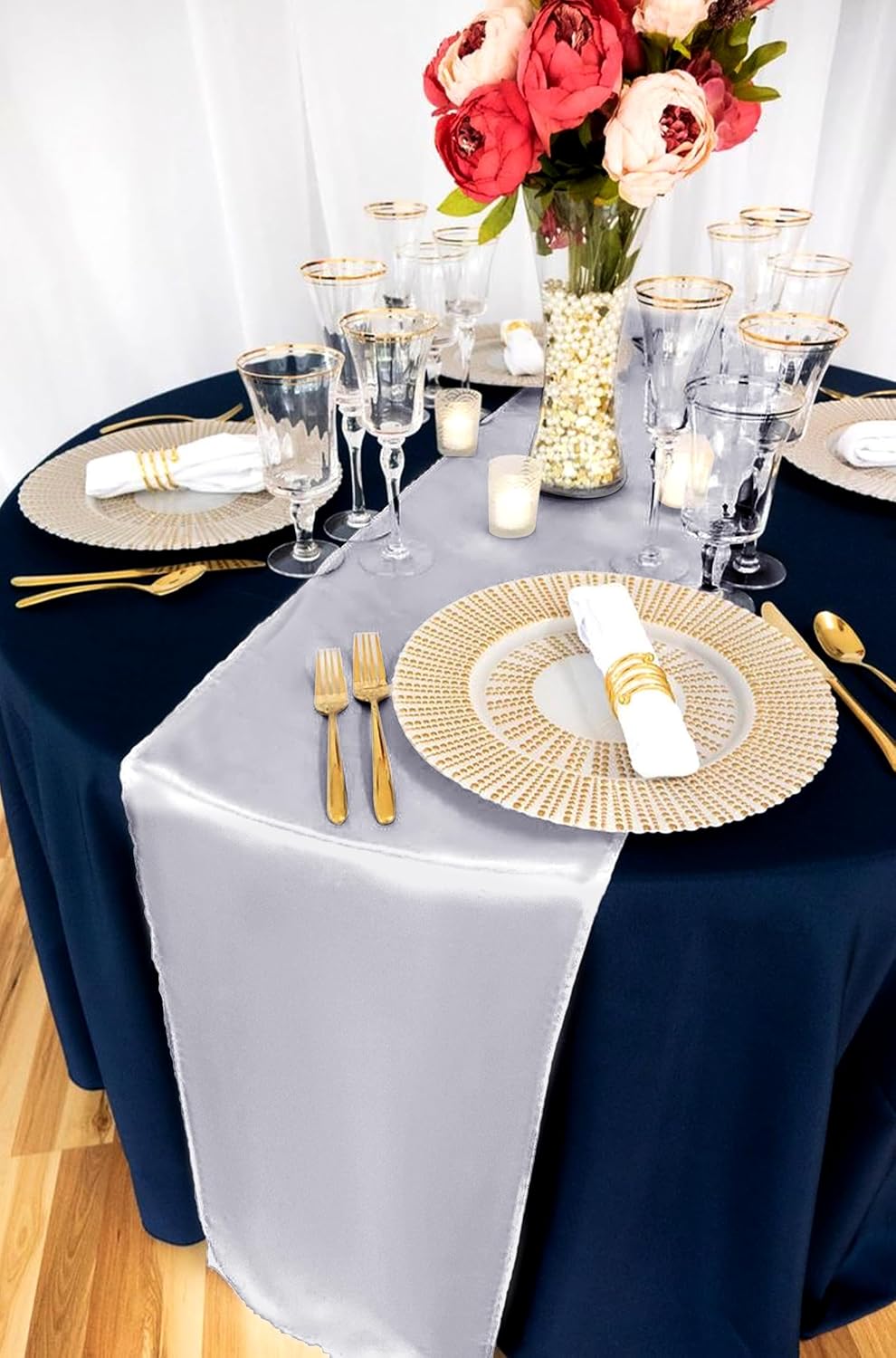 12 Pack Silver Satin Table Runner,12 x 108 inch Long Premium Smooth Table Runner for Wedding, Banquets, Birthday, Party, Graduation, Engagements, Table Runners fit Rectangle and Round Table