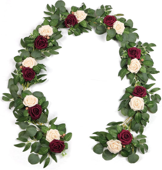 ponatia 6.5FT Handcrafted Artificial Rose Flower Garland, Eucalyptus Greenery Garland for Wedding Ceremony Garlands Backdrop Arch Flowers, Reception Table Decorations (Burgundy & Ivory Cream)