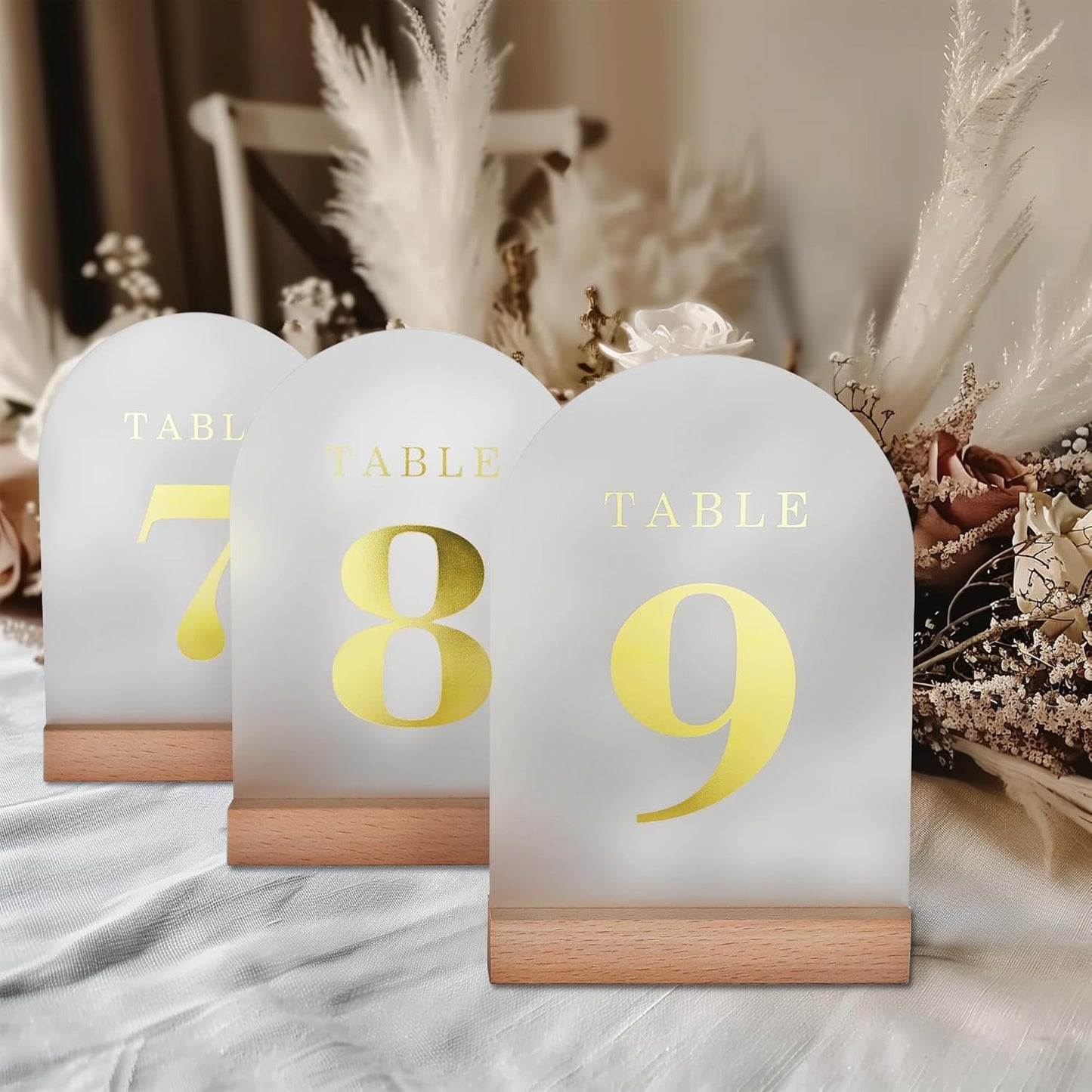 Wedding Table Numbers 1-10, Acrylic Arch Signs with Natural Wood Stands Holders, Rustic Table Decor for Reception & Parties (Frosted Gold)