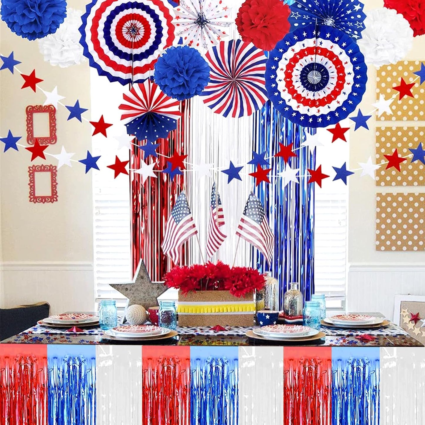 4 Pack 29x108 Inch Metallic Foil Fringe Tinsel Table Skirts for Rectangle Tables Streamer Backdrop for Wedding, Birthday, Parade Floats, Christmas, Halloween Party Decoration(White Blue Red)