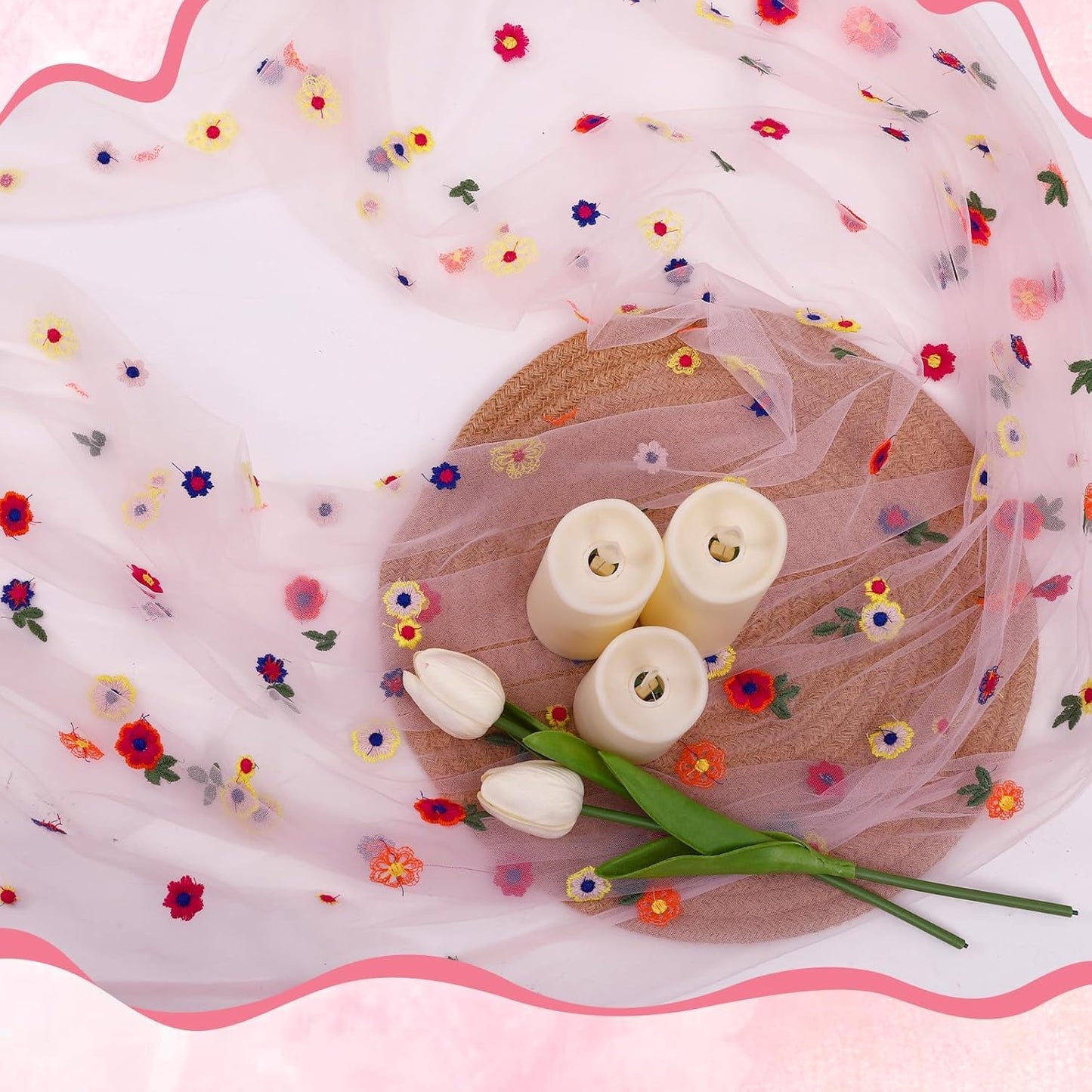 6PCS Pink Floral Table Runner 10 FT, Embroidery Daisy Table Runners Seasonal Sheer Tulle Table Runner for Thanksgiving Wedding Birthday Baby Shower Party ﻿