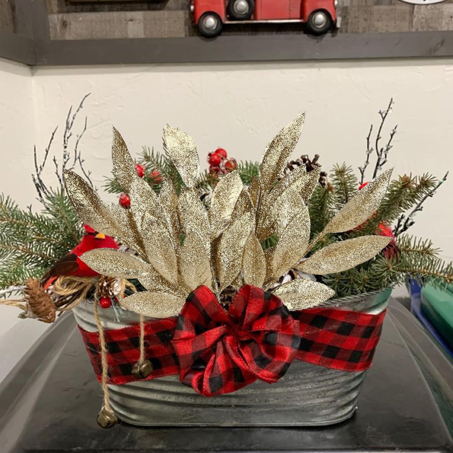 GREENTIME 12 Pack Artificial Light Golden Glitter Leaves 13" Fake Christmas Picks Decorative Glitter Sticks for Vase Christmas Tree DIY Wreath Crafts Fireplace Decor